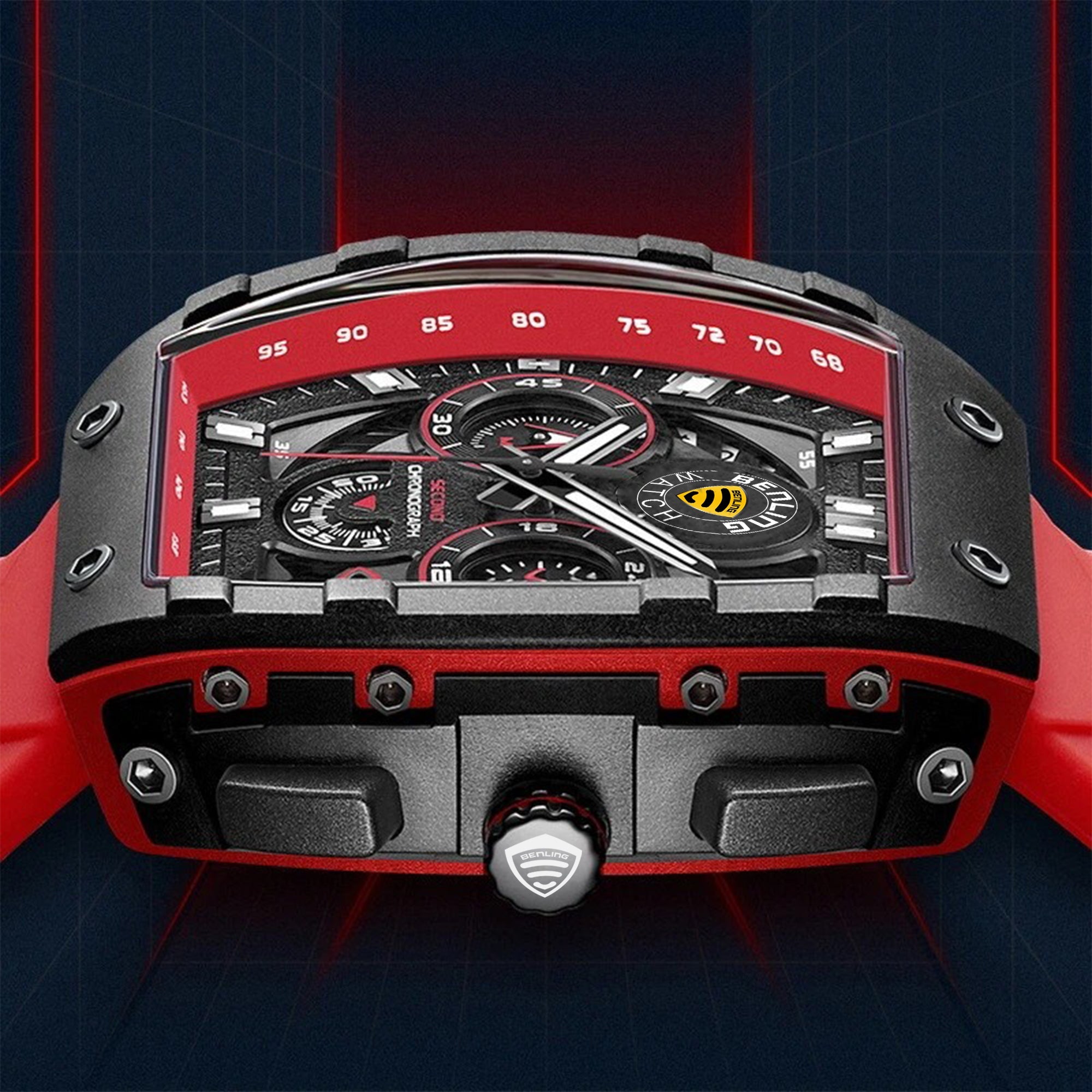 Benling Unisex Barrel Shape Resin Chronograph Quartz Watch – 45mm Tonneau Case, Rubber Strap