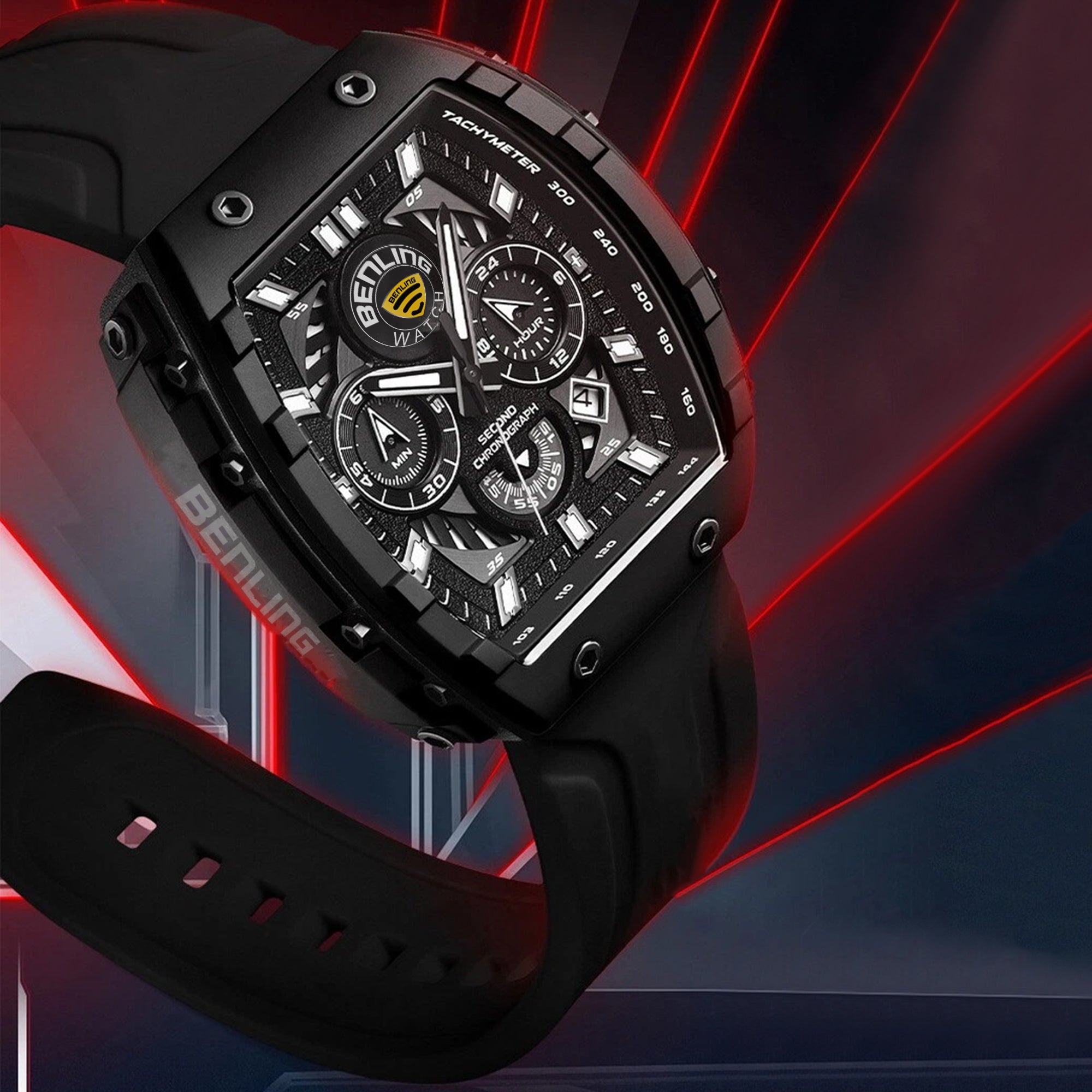 Benling Unisex Barrel Shape Resin Chronograph Quartz Watch – 45mm Tonneau Case, Rubber Strap