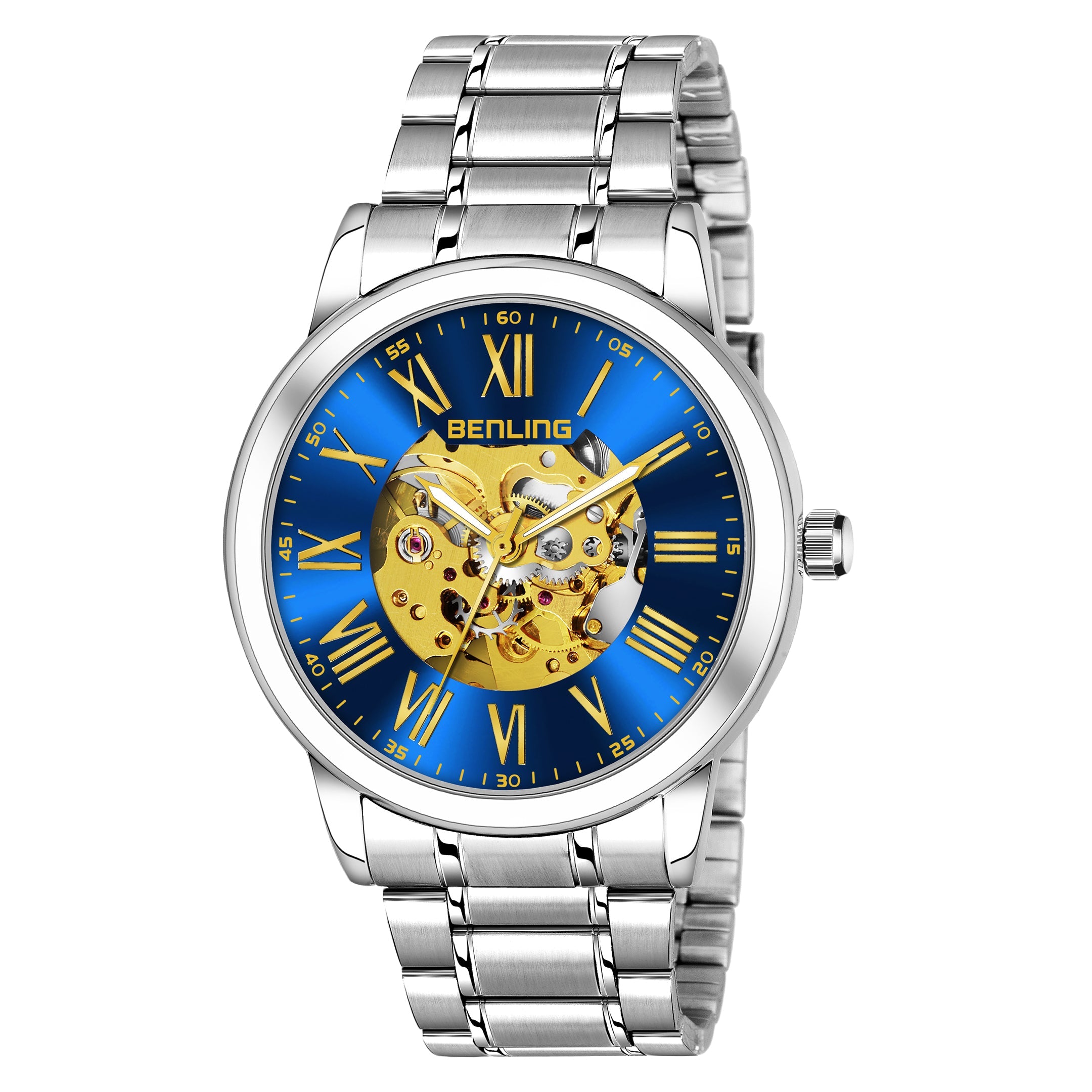 Benling Automatic Skeleton Mechanical Watch for Men | Self-Winding Movement | Leather & Stainless Steel Strap | Open Gear Dial | Luxury Casual & Formal Wear