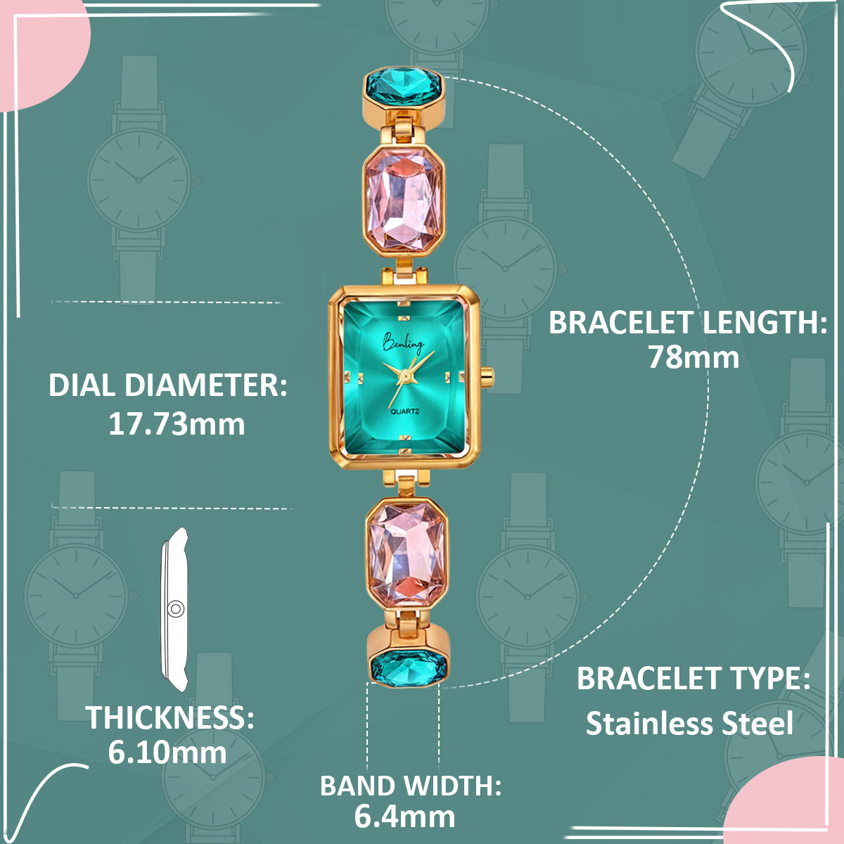 Benling Square Gemstone Dial Watch - Gift Set with Pearl Box and Bracelet