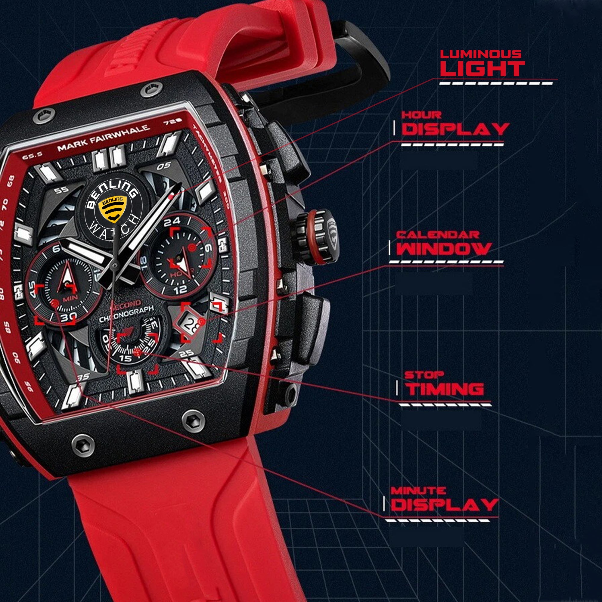 Benling Unisex Barrel Shape Resin Chronograph Quartz Watch – 45mm Tonneau Case, Rubber Strap