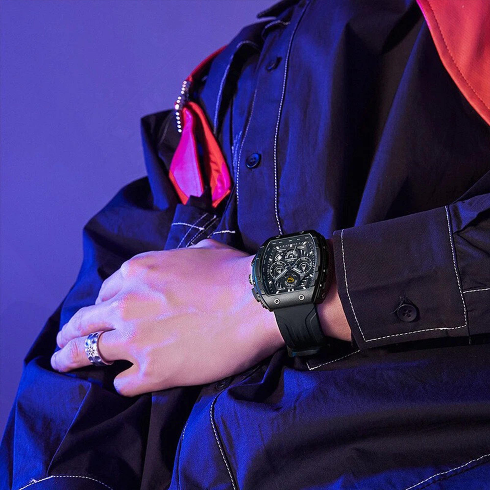 Benling Unisex Barrel Shape Resin Chronograph Quartz Watch – 45mm Tonneau Case, Rubber Strap