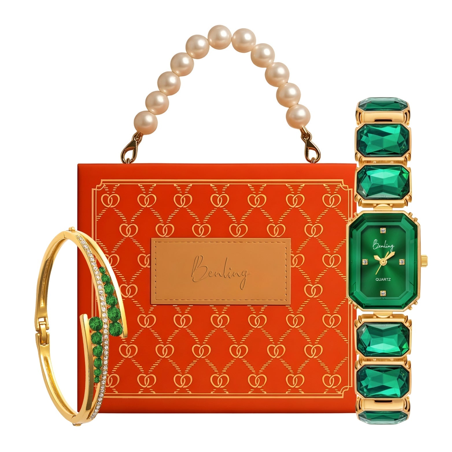 Benling Gift Set – Octagon Cut Bracelet Watch with Orange Pearl Box & Bracelet Benling