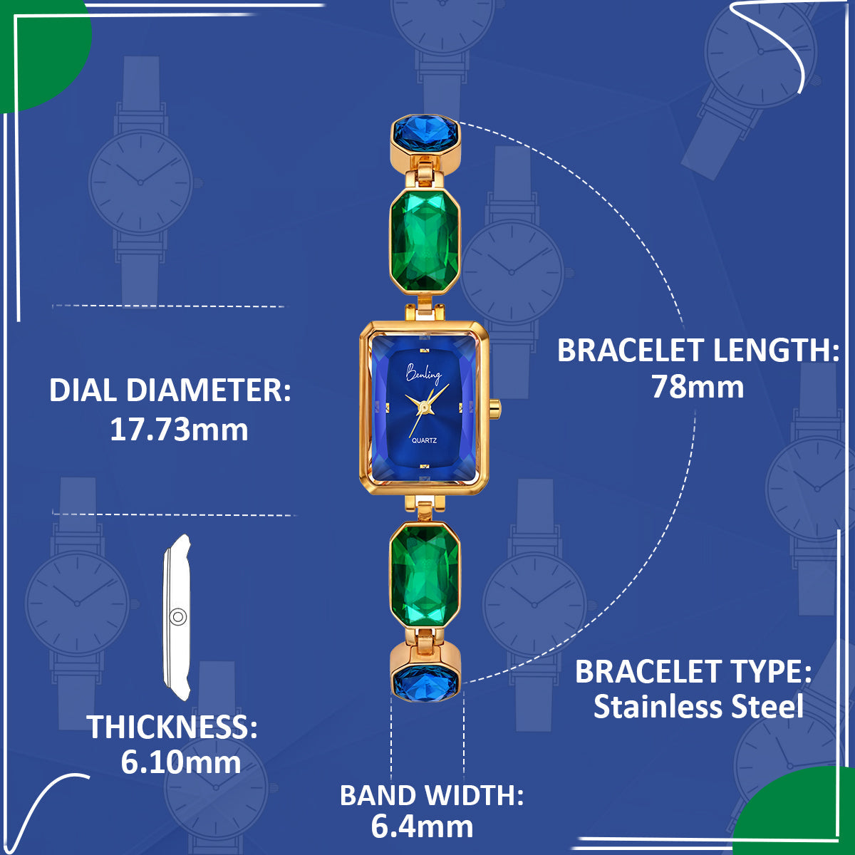 Benling Square Gemstone Dial Watch - Gift Set with Pearl Box and Bracelet