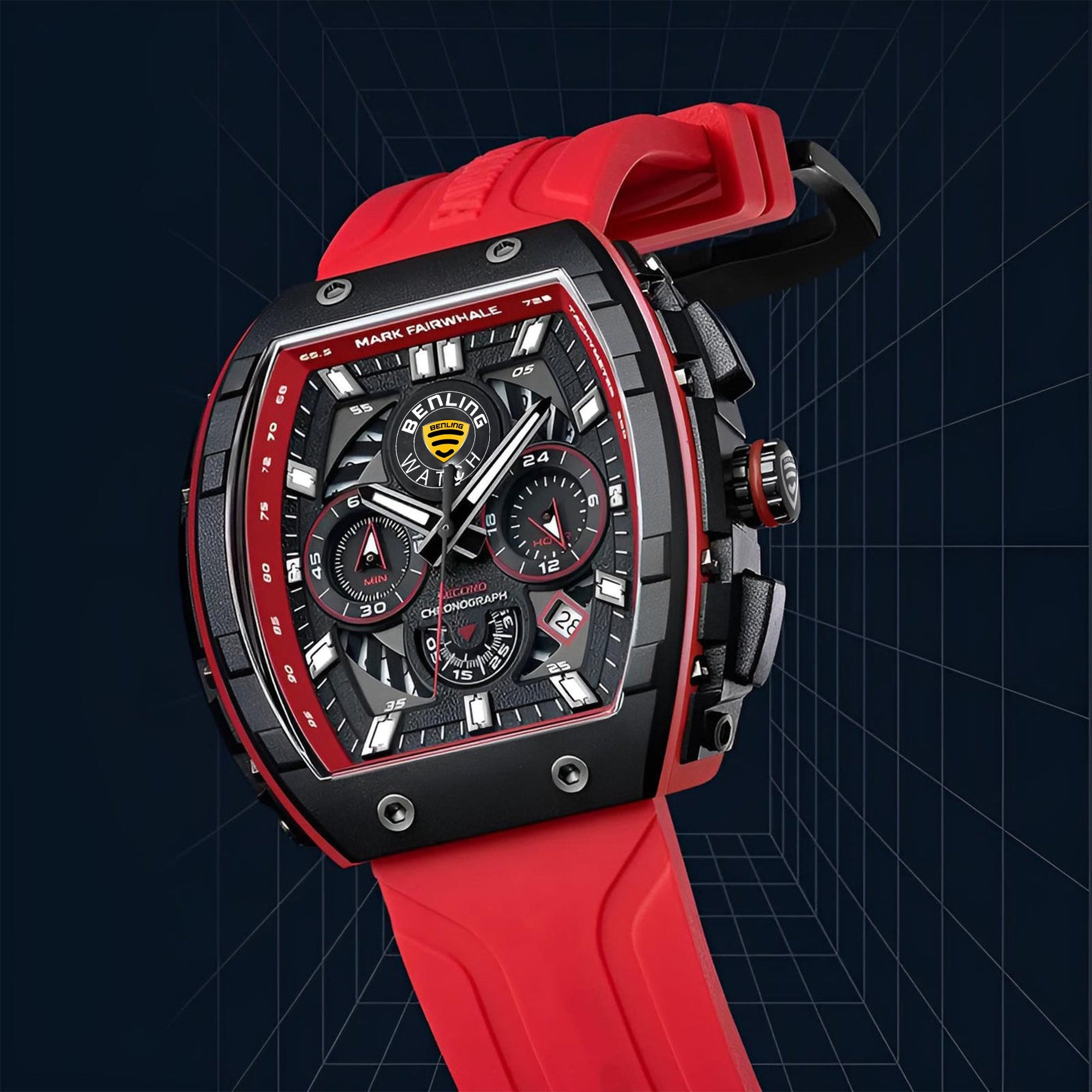 Benling Unisex Barrel Shape Resin Chronograph Quartz Watch – 45mm Tonneau Case, Rubber Strap