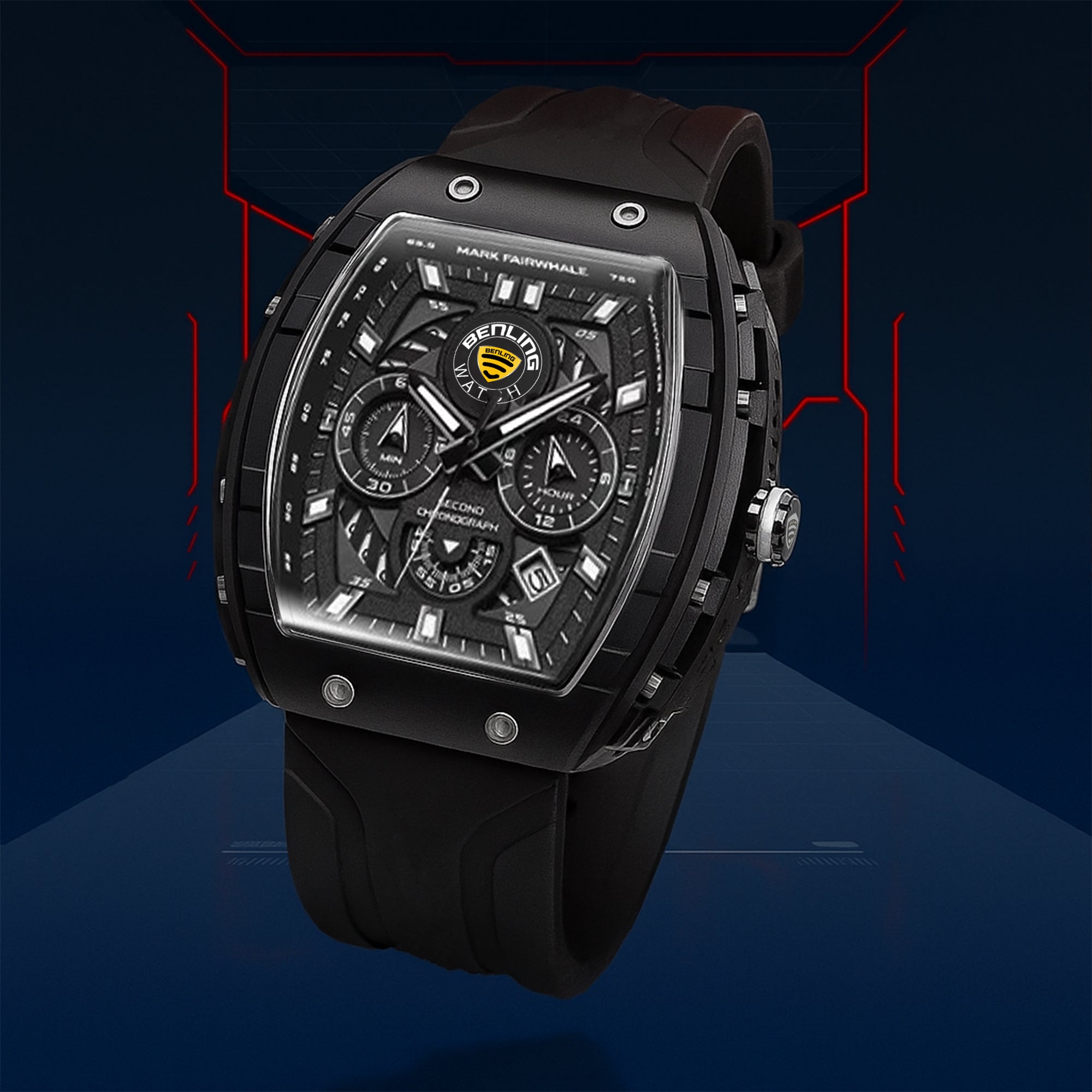 Benling Unisex Barrel Shape Resin Chronograph Quartz Watch – 45mm Tonneau Case, Rubber Strap