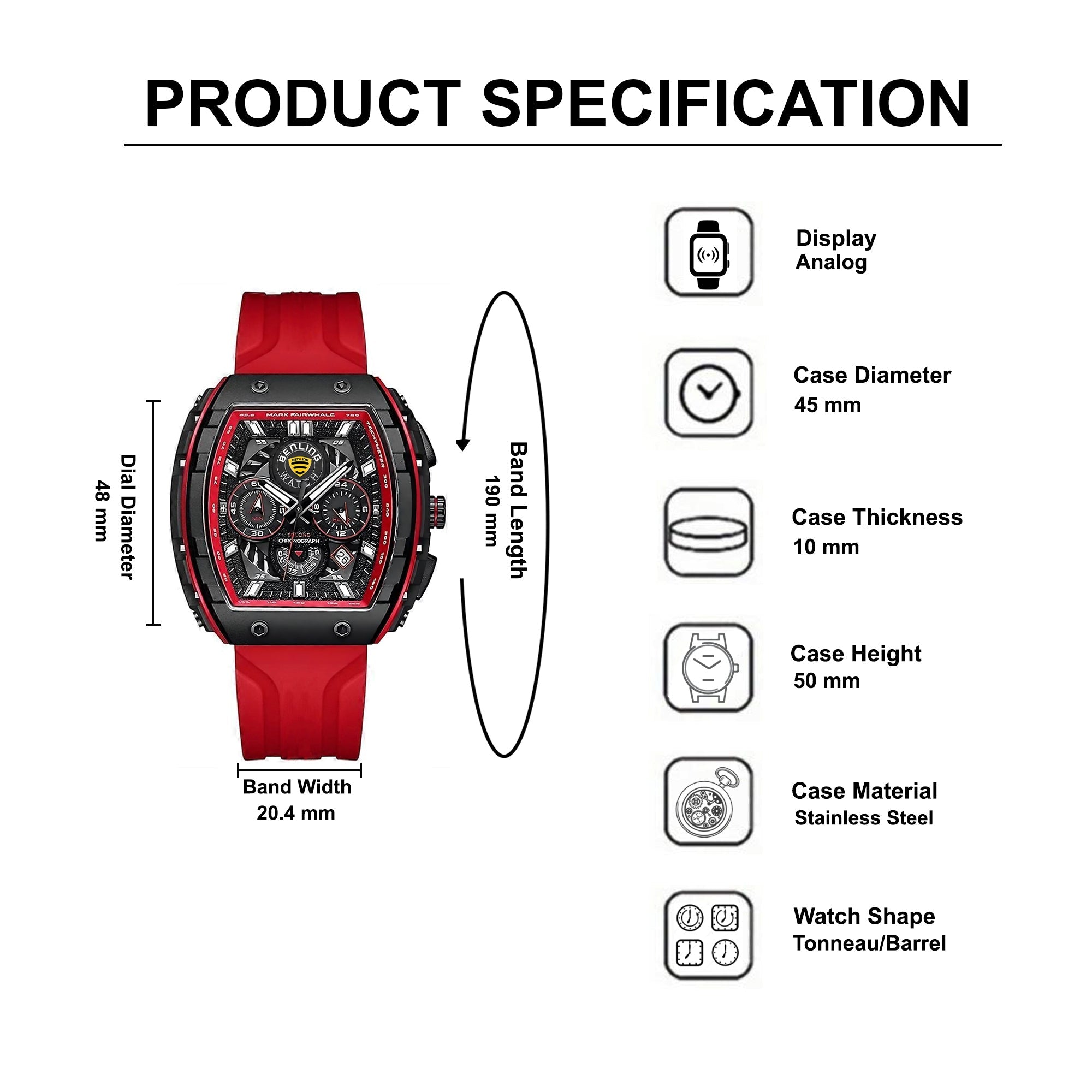 Benling Unisex Barrel Shape Resin Chronograph Quartz Watch – 45mm Tonneau Case, Rubber Strap