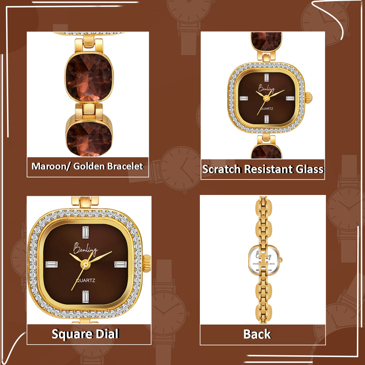 Benling Women's Quartz Watch with Gold Bracelet and Crystal Accents - Gift Set with Pearl Box and Bracelet