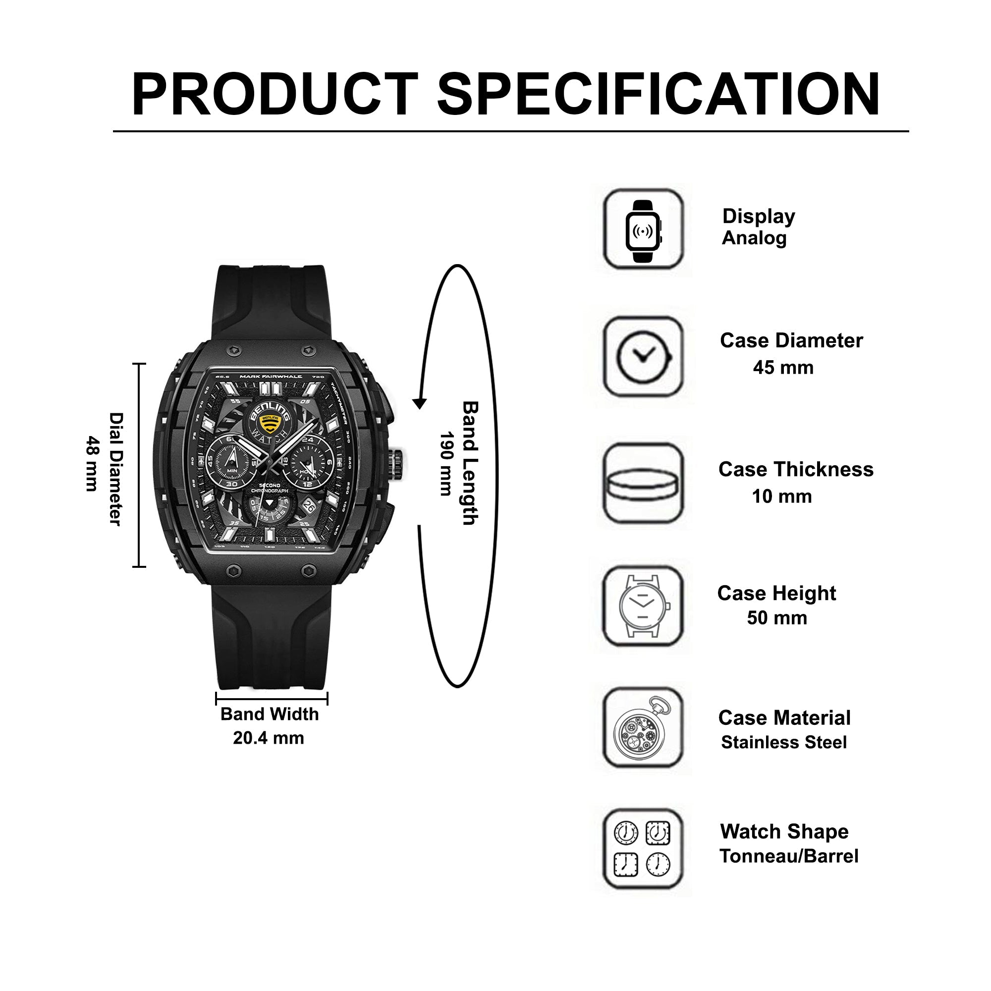 Benling Unisex Barrel Shape Resin Chronograph Quartz Watch – 45mm Tonneau Case, Rubber Strap