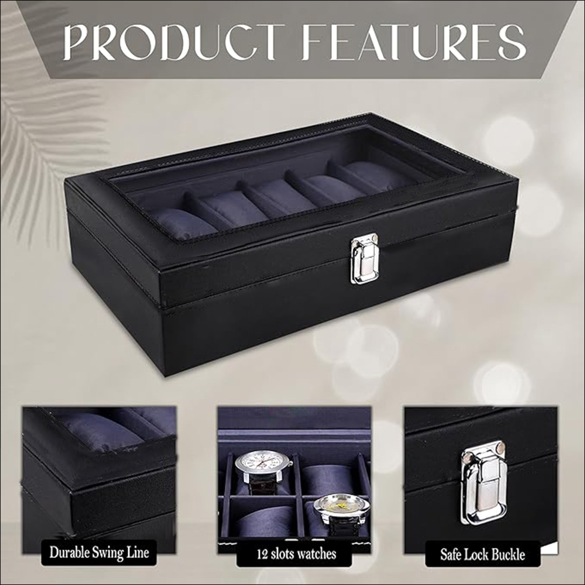 Men's & Women's PU Leather Watch Box Organizer – 12-Slot Watch Holder Case in Black & Grey