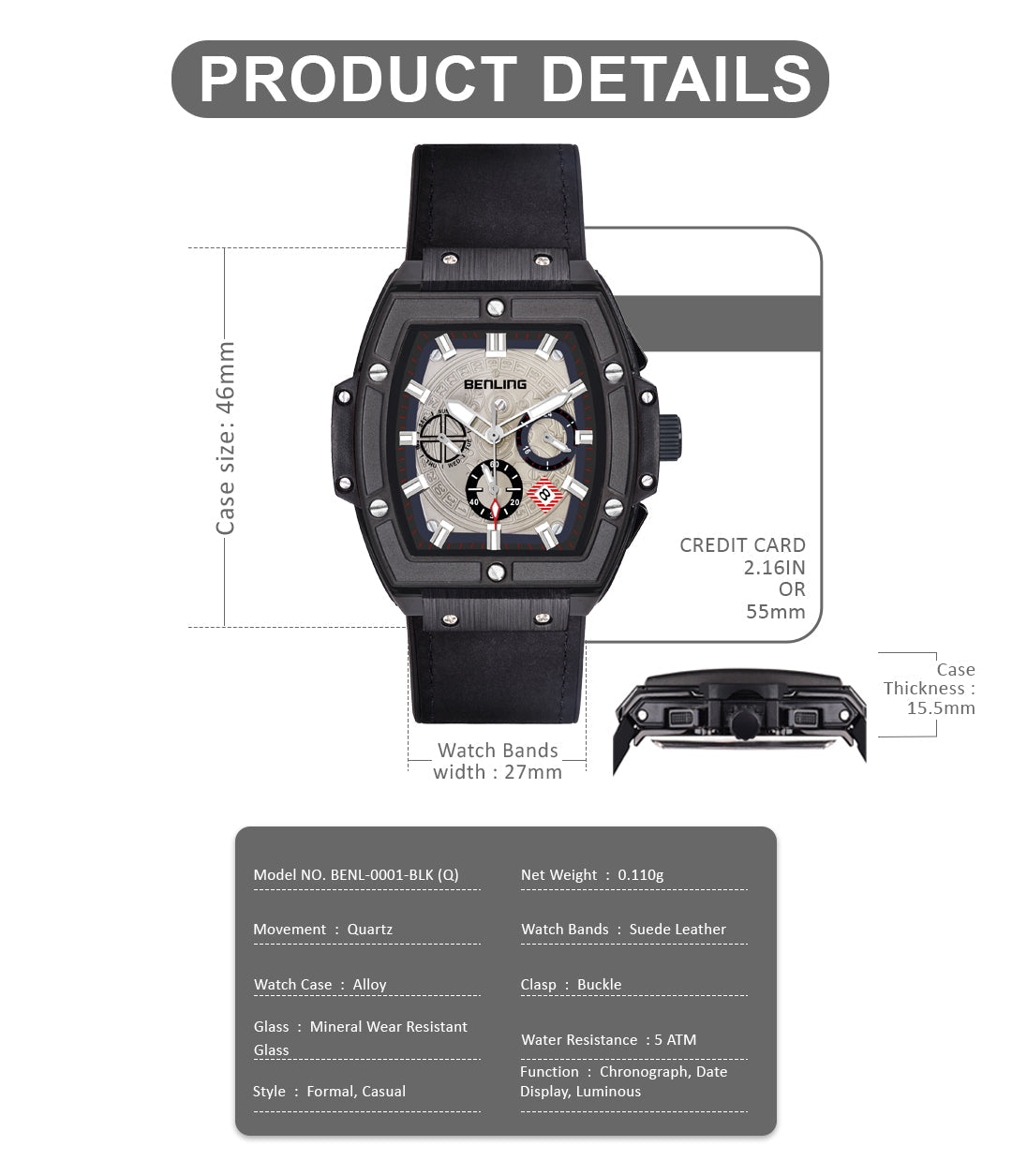 Big Bang Series : Square Chrono Steel Watch with Japanese Quartz Movement & Date Display