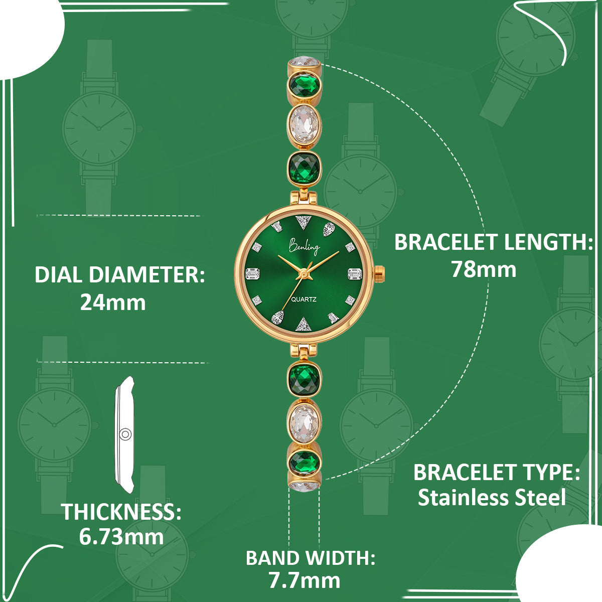 Benling Crystal-Studded Quartz Watch for Women – Luxury Design with Sparkling Stones - with Pearl Box and Bracelet