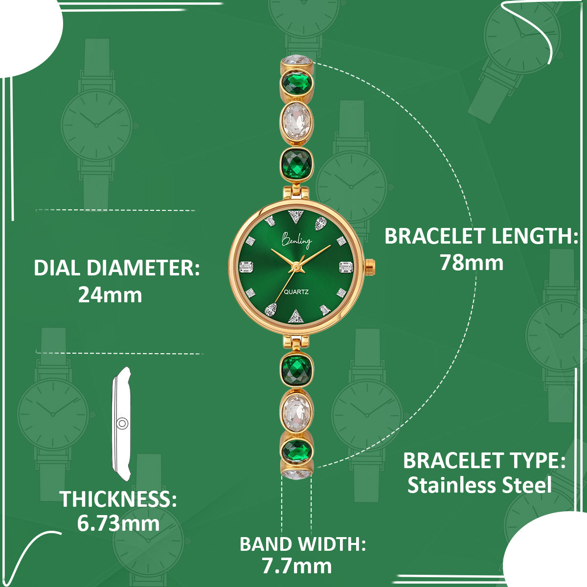 Benling Crystal-Studded Quartz Watch for Women – Luxury Design with Sparkling Stones - - with Pearl Box and Bracelet Benling