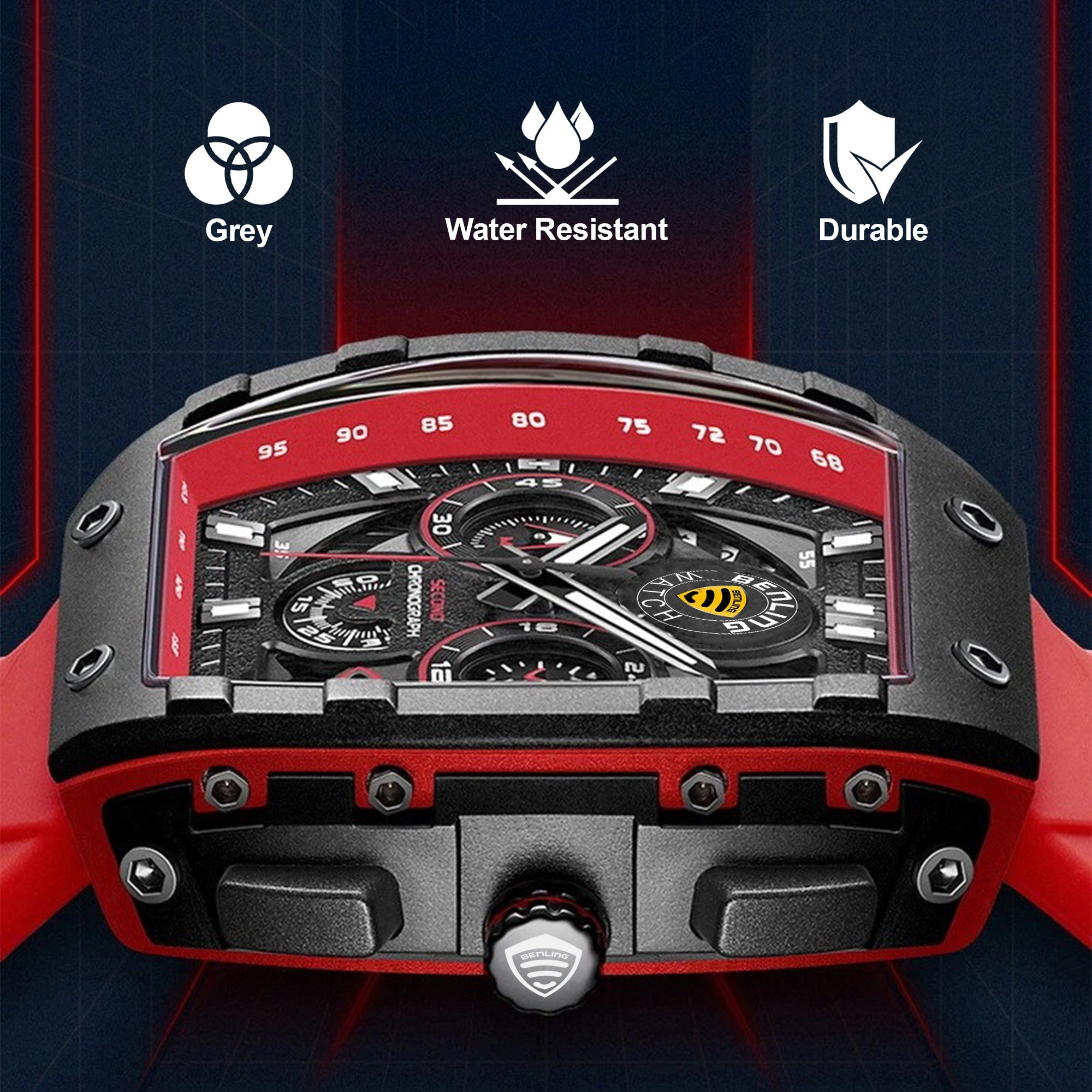 Benling Unisex Barrel Shape Resin Chronograph Quartz Watch – 45mm Tonneau Case, Rubber Strap