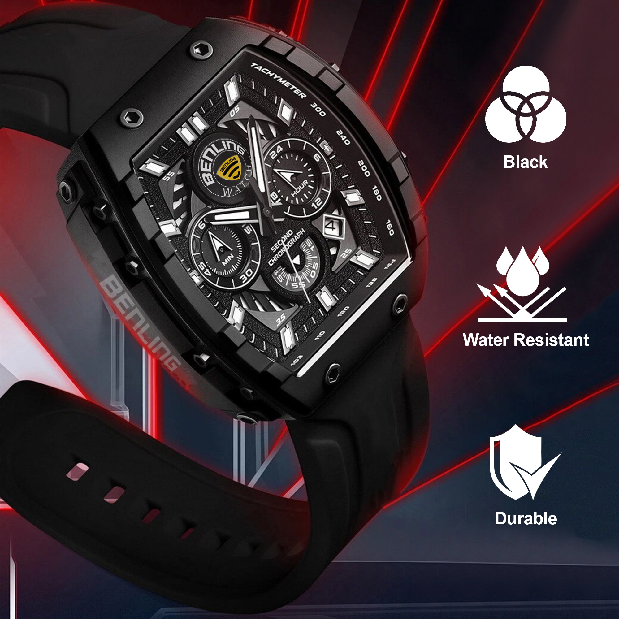 Benling Unisex Barrel Shape Resin Chronograph Quartz Watch – 45mm Tonneau Case, Rubber Strap