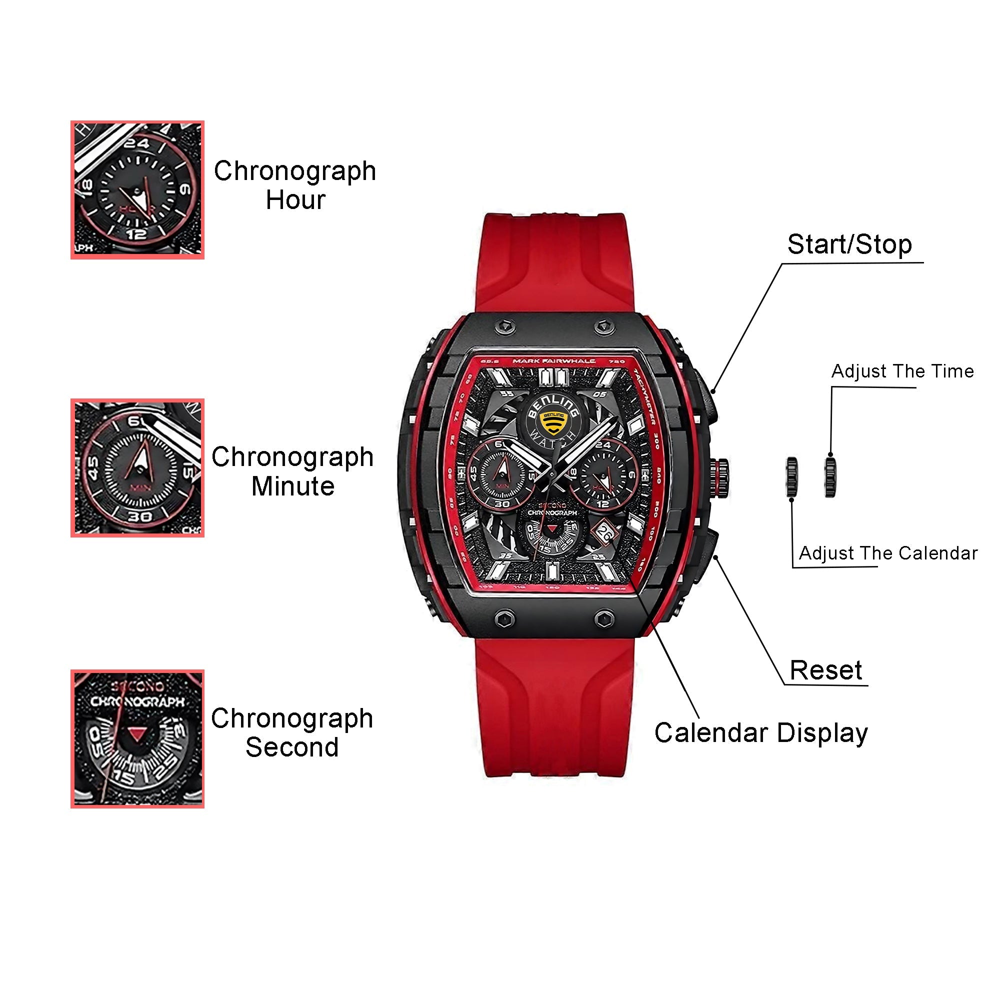 Benling Unisex Barrel Shape Resin Chronograph Quartz Watch – 45mm Tonneau Case, Rubber Strap