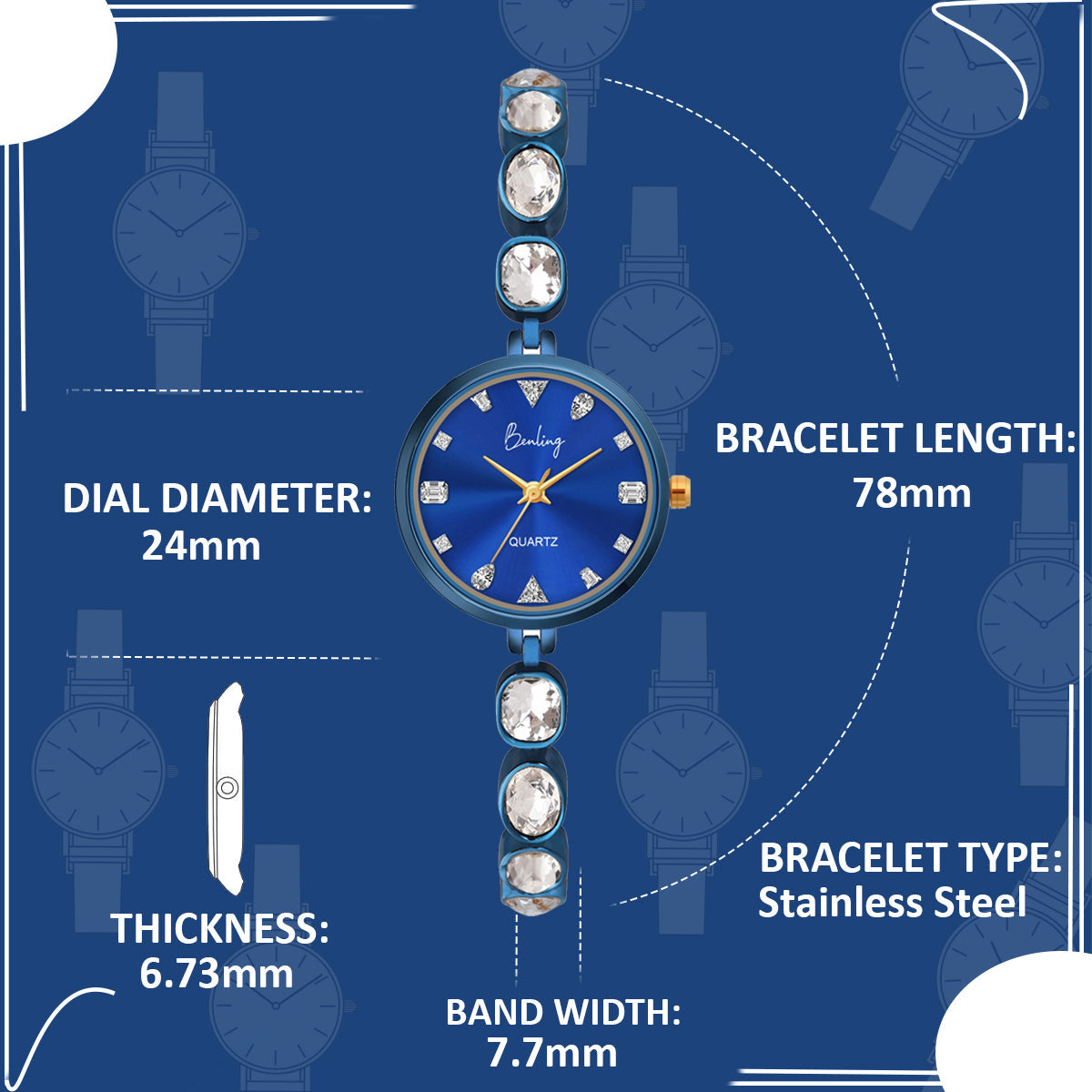 Benling Crystal-Studded Quartz Watch for Women – Luxury Design with Sparkling Stones - with Pearl Box and Bracelet