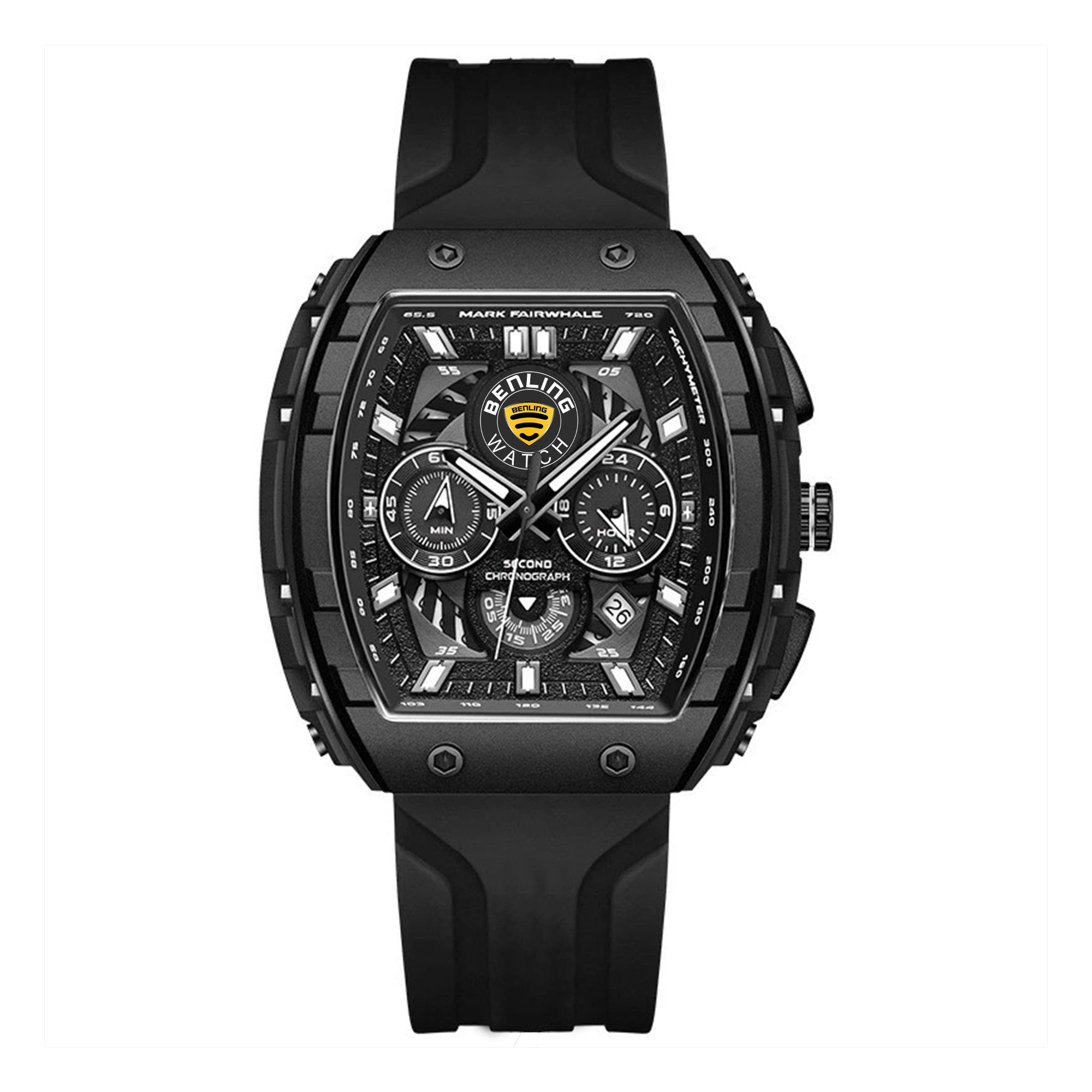 Benling Unisex Barrel Shape Resin Chronograph Quartz Watch – 45mm Tonneau Case, Rubber Strap