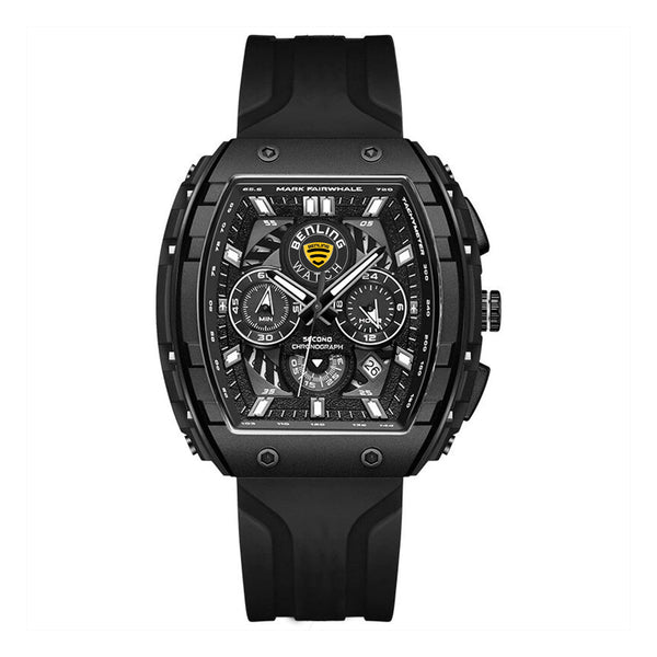 Benling Unisex Barrel Shape Resin Chronograph Quartz Watch – 45mm Tonneau Case, Rubber Strap