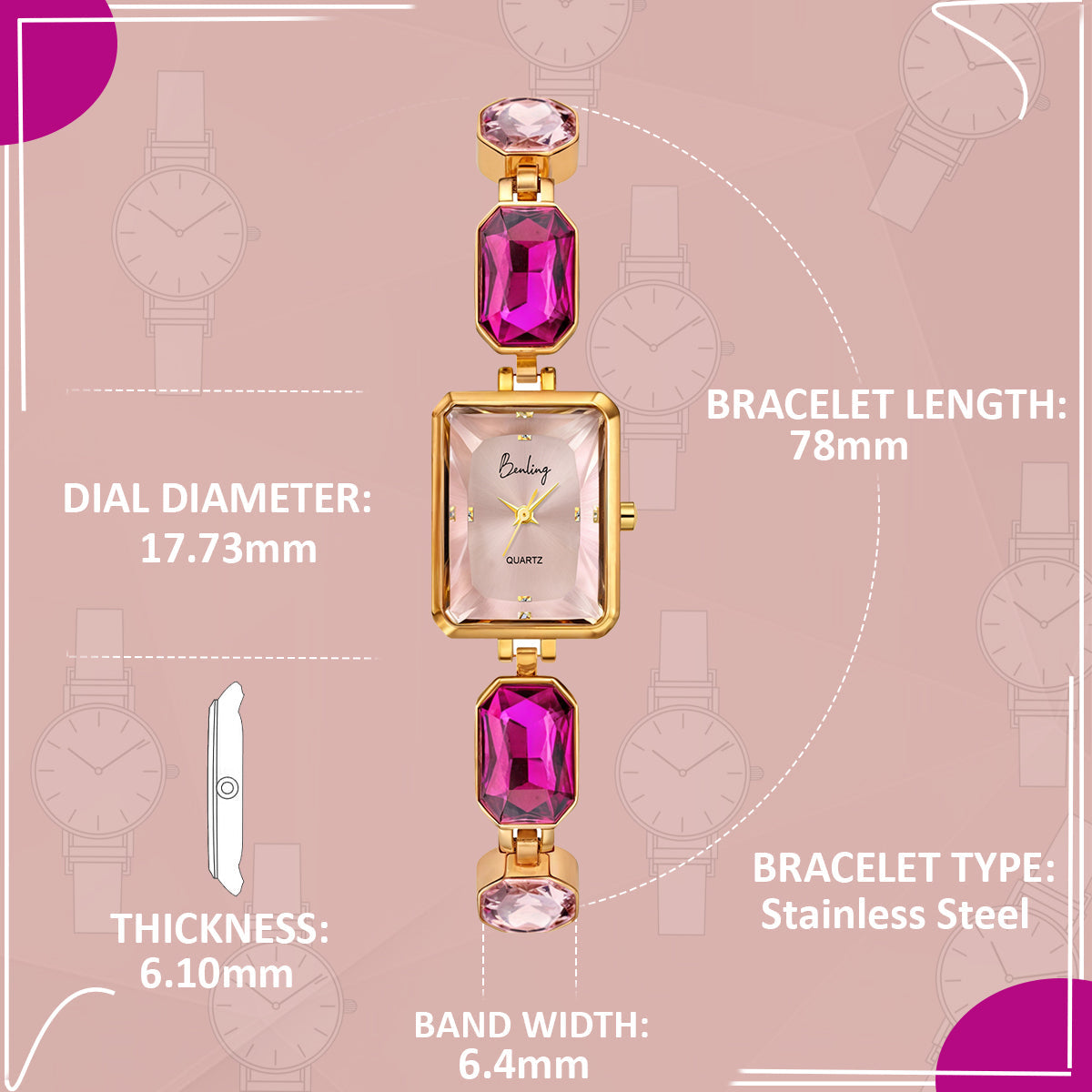 Benling Square Gemstone Dial Watch - Gift Set with Pearl Box and Bracelet