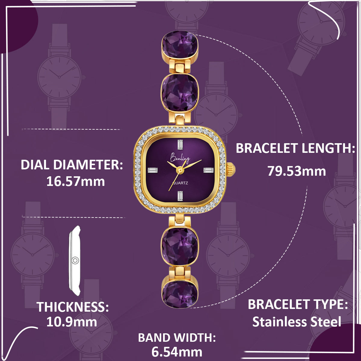 Benling Women's Quartz Watch with Gold Bracelet and Crystal Accents - Gift Set with Pearl Box and Bracelet