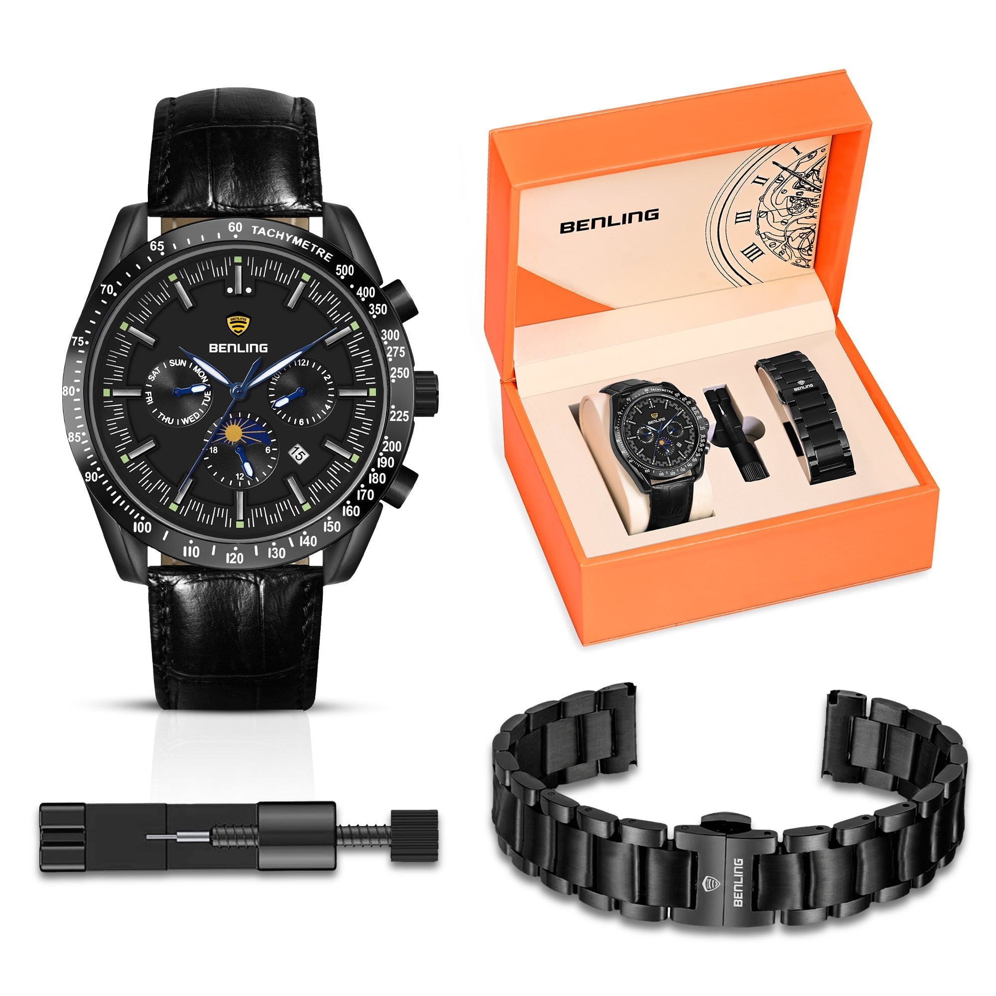 Benling Legacy Chrono Automatic Watch for Men with Interchangeable Leather Strap & Stainless Steel Chain –  A Masterpiece of Mechanical Precision