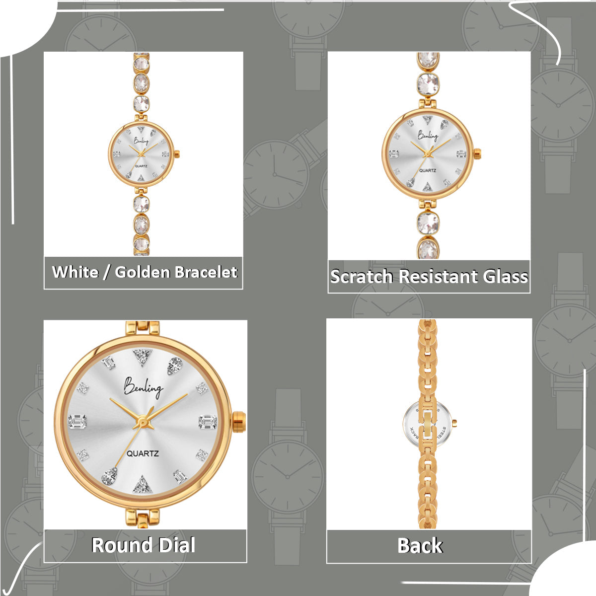 Benling Crystal-Studded Quartz Watch for Women – Luxury Design with Sparkling Stones - with Pearl Box and Bracelet