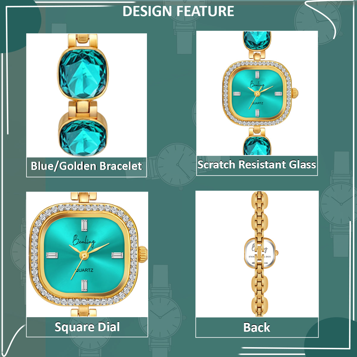 Benling Women's Quartz Watch with Gold Bracelet and Crystal Accents - Gift Set with Pearl Box and Bracelet