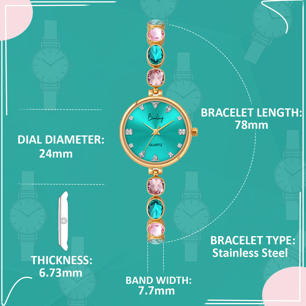 Benling Crystal-Studded Quartz Watch for Women – Luxury Design with Sparkling Stones - with Pearl Box and Bracelet