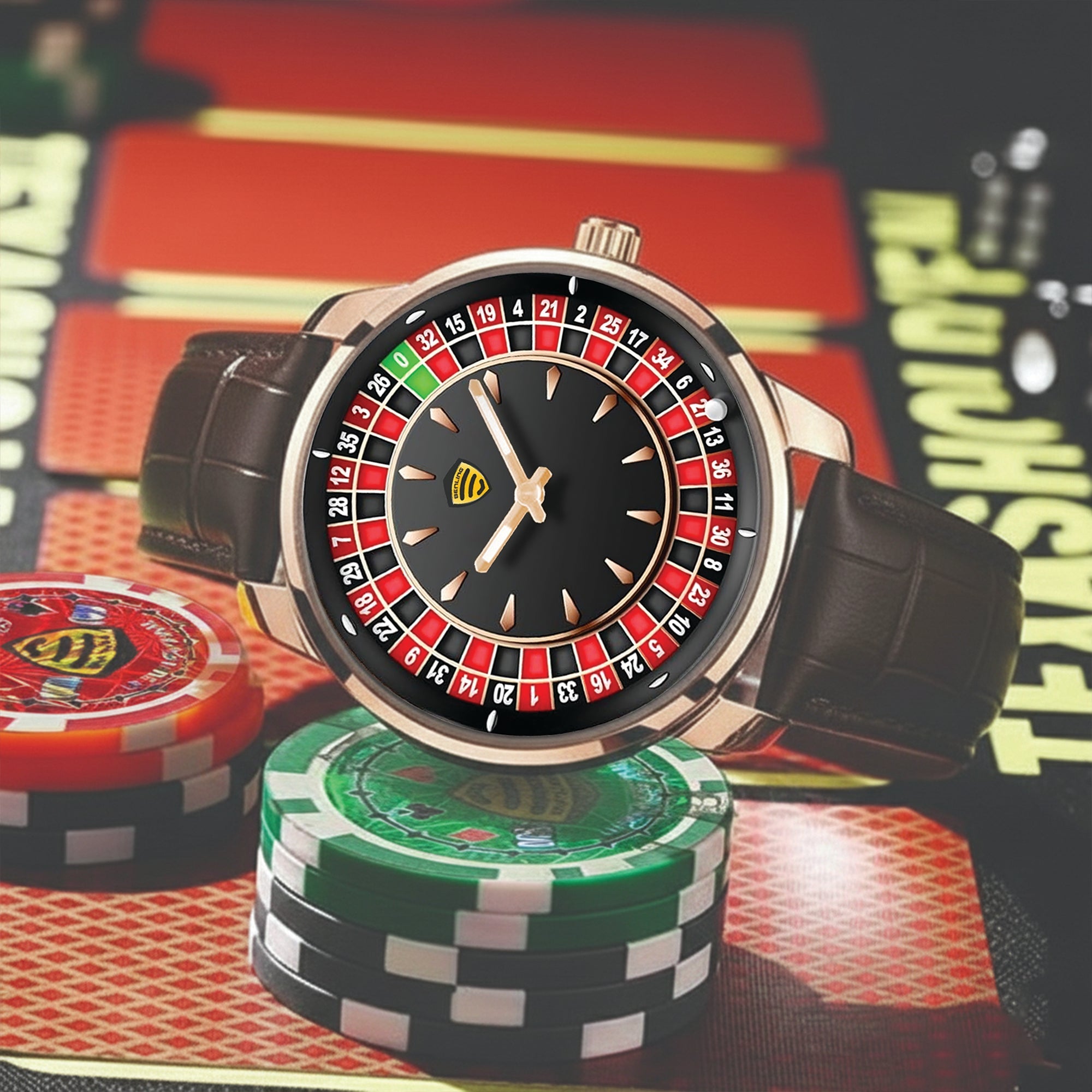 Benling Casino Series – Roulette Quartz Watch with Premium Casino Chips & Roulette Game Map
