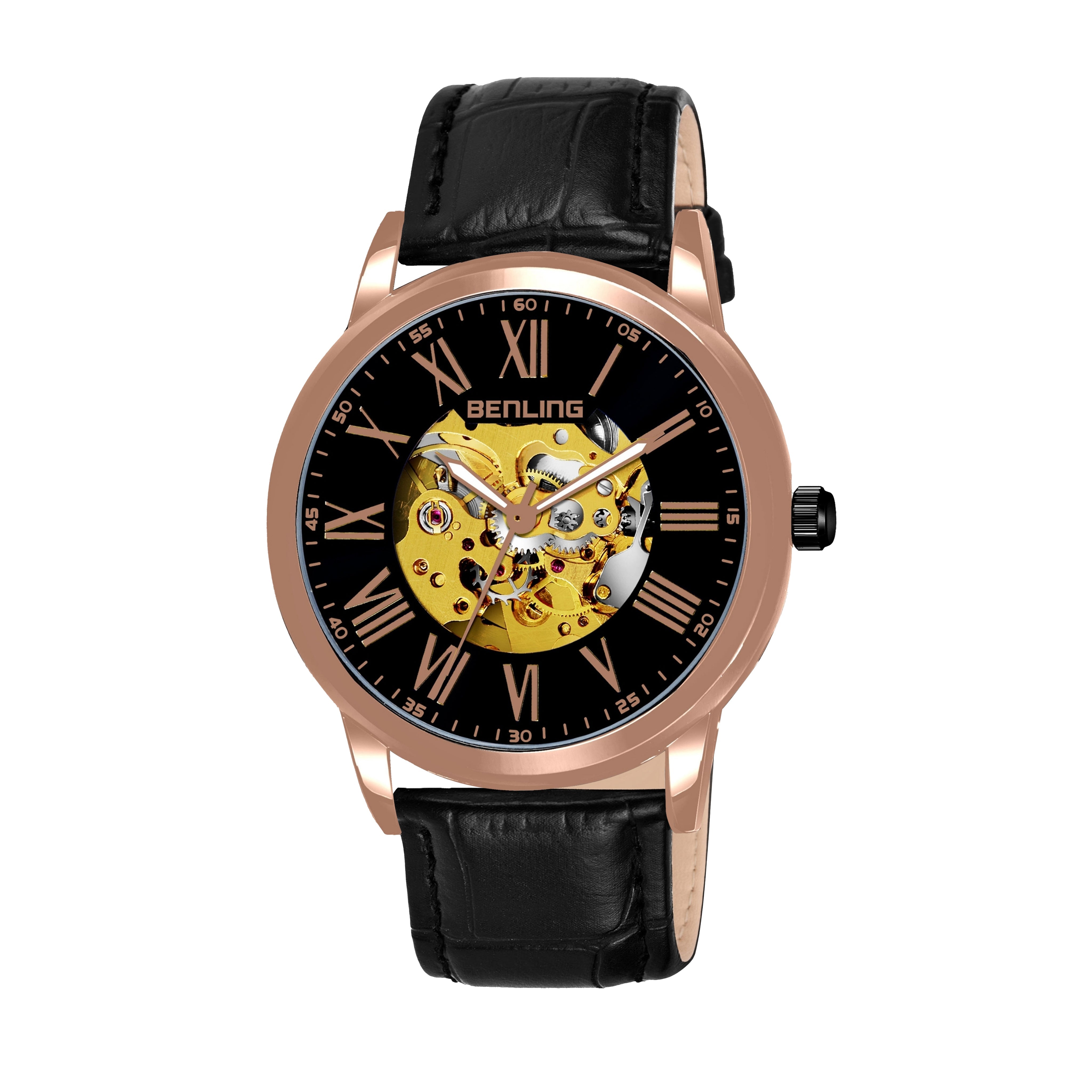 Benling Automatic Skeleton Mechanical Watch for Men | Self-Winding Movement | Leather & Stainless Steel Strap | Open Gear Dial | Luxury Casual & Formal Wear