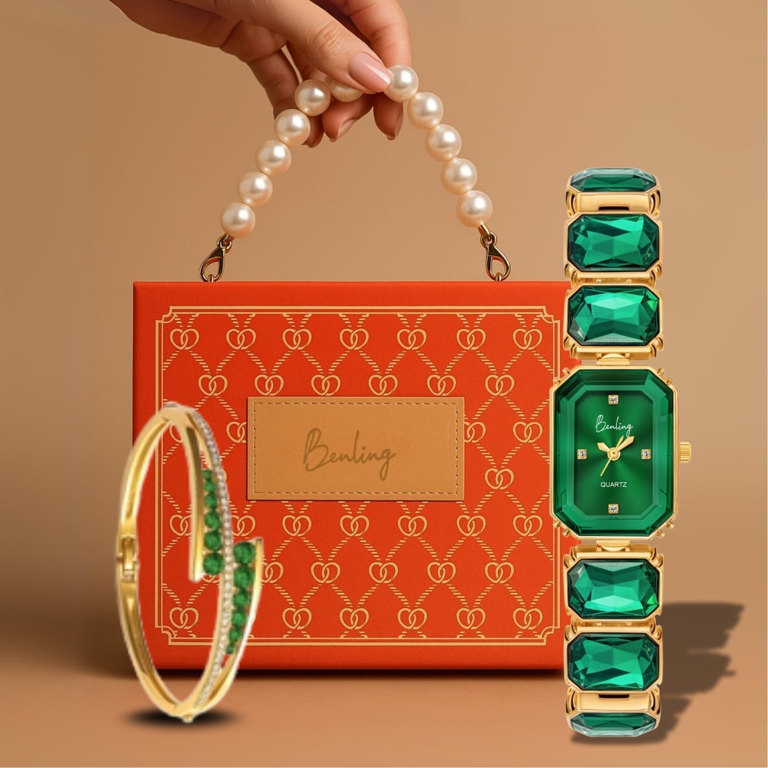 Benling Gift Set – Octagon Cut Bracelet Watch with Orange Pearl Box & Bracelet