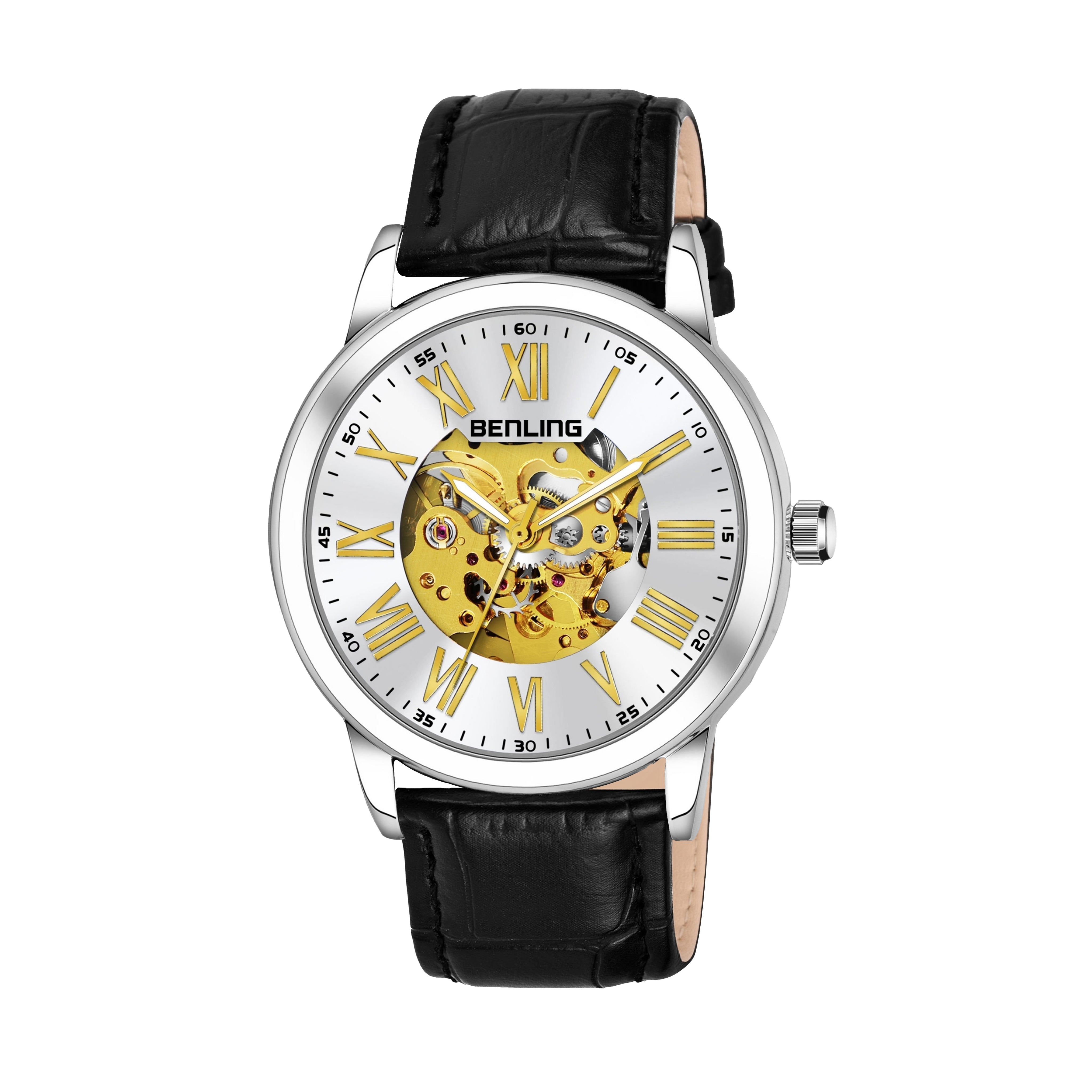 Benling Automatic Skeleton Mechanical Watch for Men | Self-Winding Movement | Leather & Stainless Steel Strap | Open Gear Dial | Luxury Casual & Formal Wear