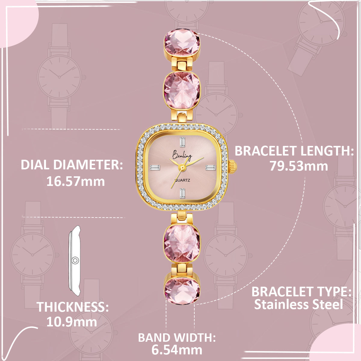 Benling Women's Quartz Watch with Gold Bracelet and Crystal Accents - Gift Set with Pearl Box and Bracelet