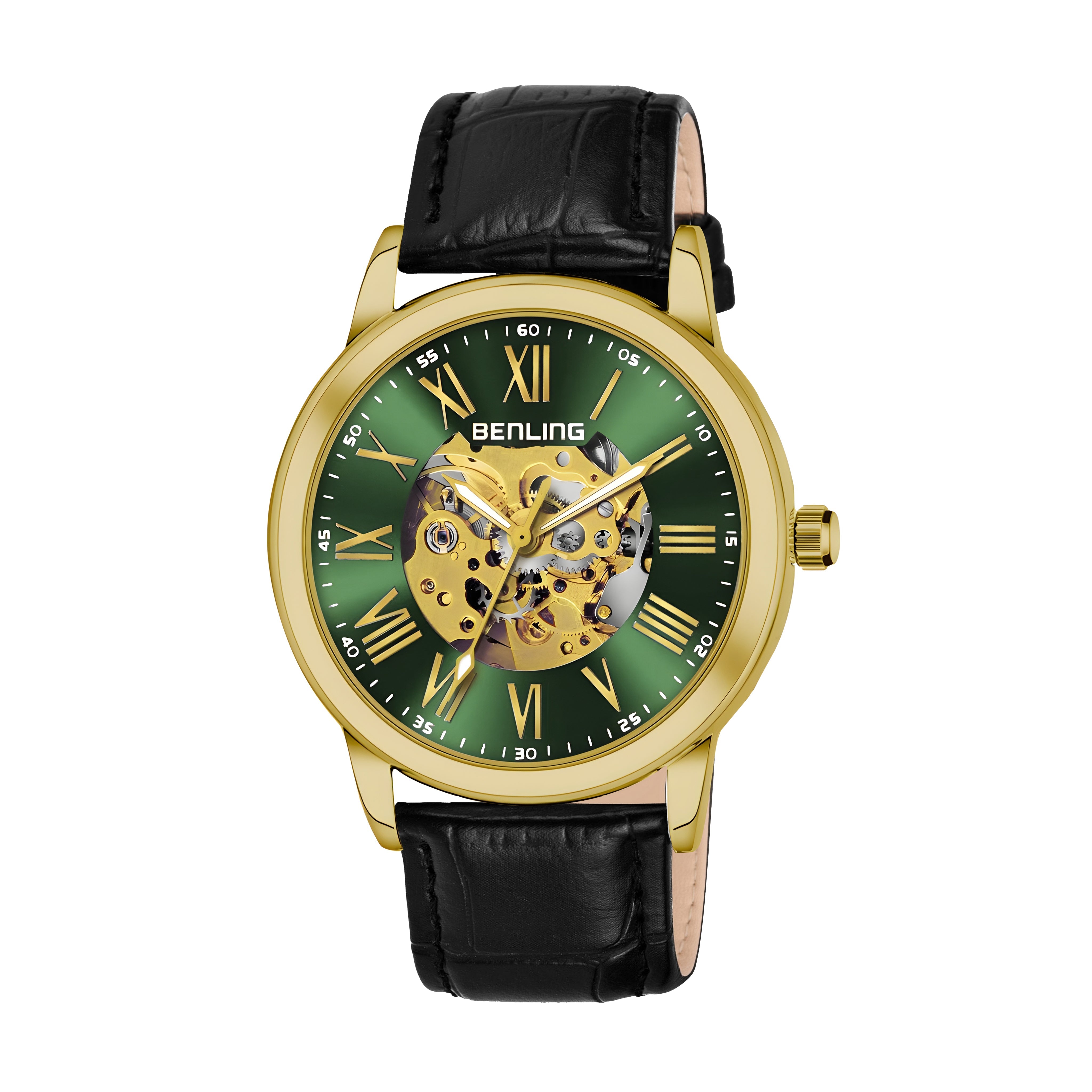 Benling Automatic Skeleton Mechanical Watch for Men | Self-Winding Movement | Leather & Stainless Steel Strap | Open Gear Dial | Luxury Casual & Formal Wear