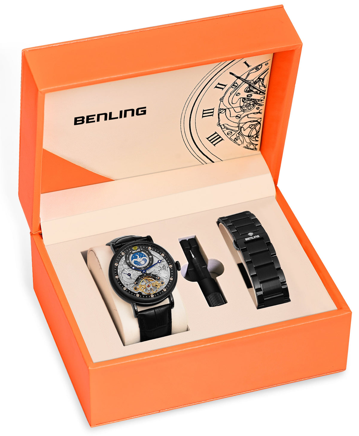 Benling Astroworld Tourbillon Automatic Watch for Men – Dual Time | Moonphase | Skeleton Dial | With Leather Strap & Stainless Steel Chain Benling