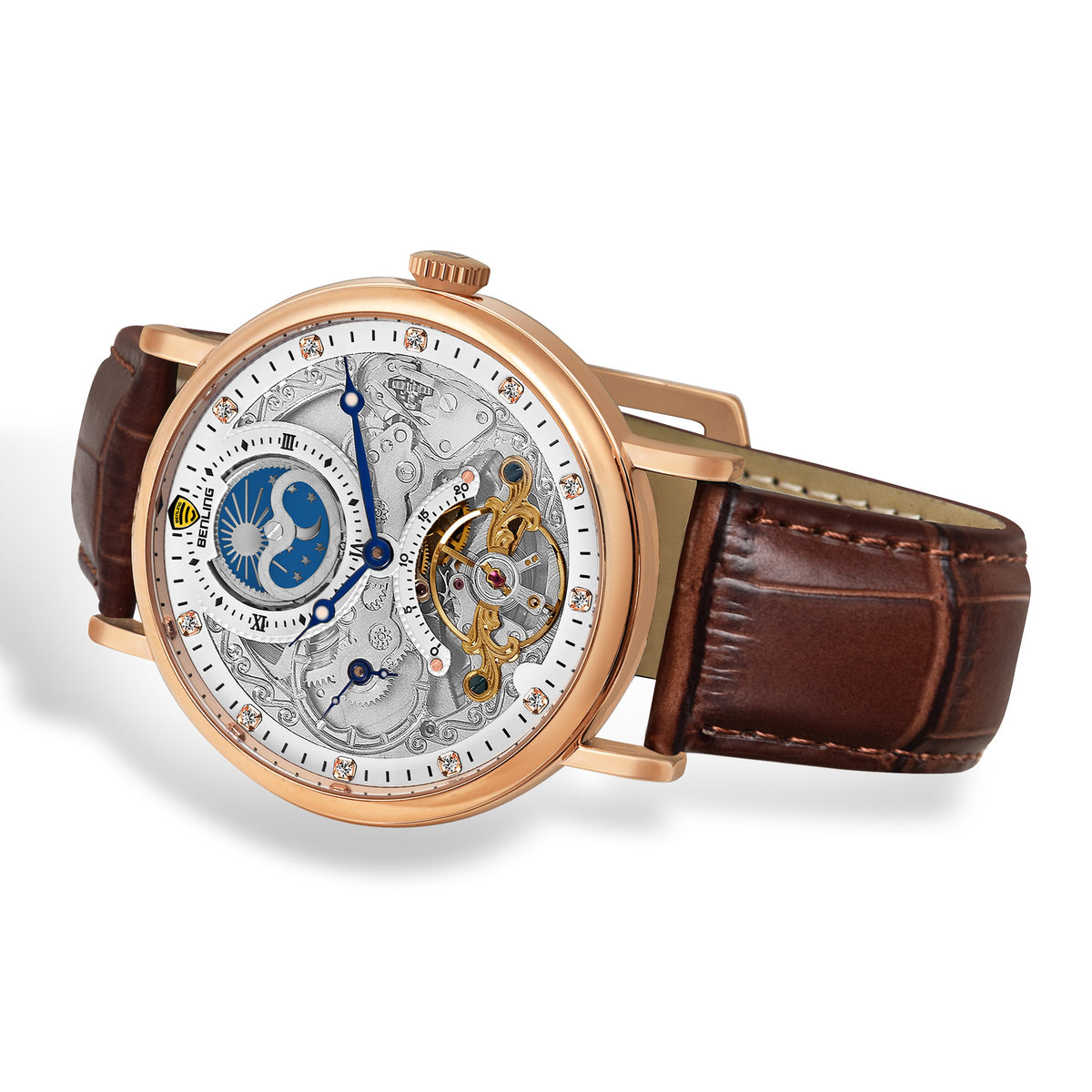 Benling Astroworld Tourbillon Automatic Watch for Men – Dual Time | Moonphase | Skeleton Dial | With Leather Strap & Stainless Steel Chain Benling