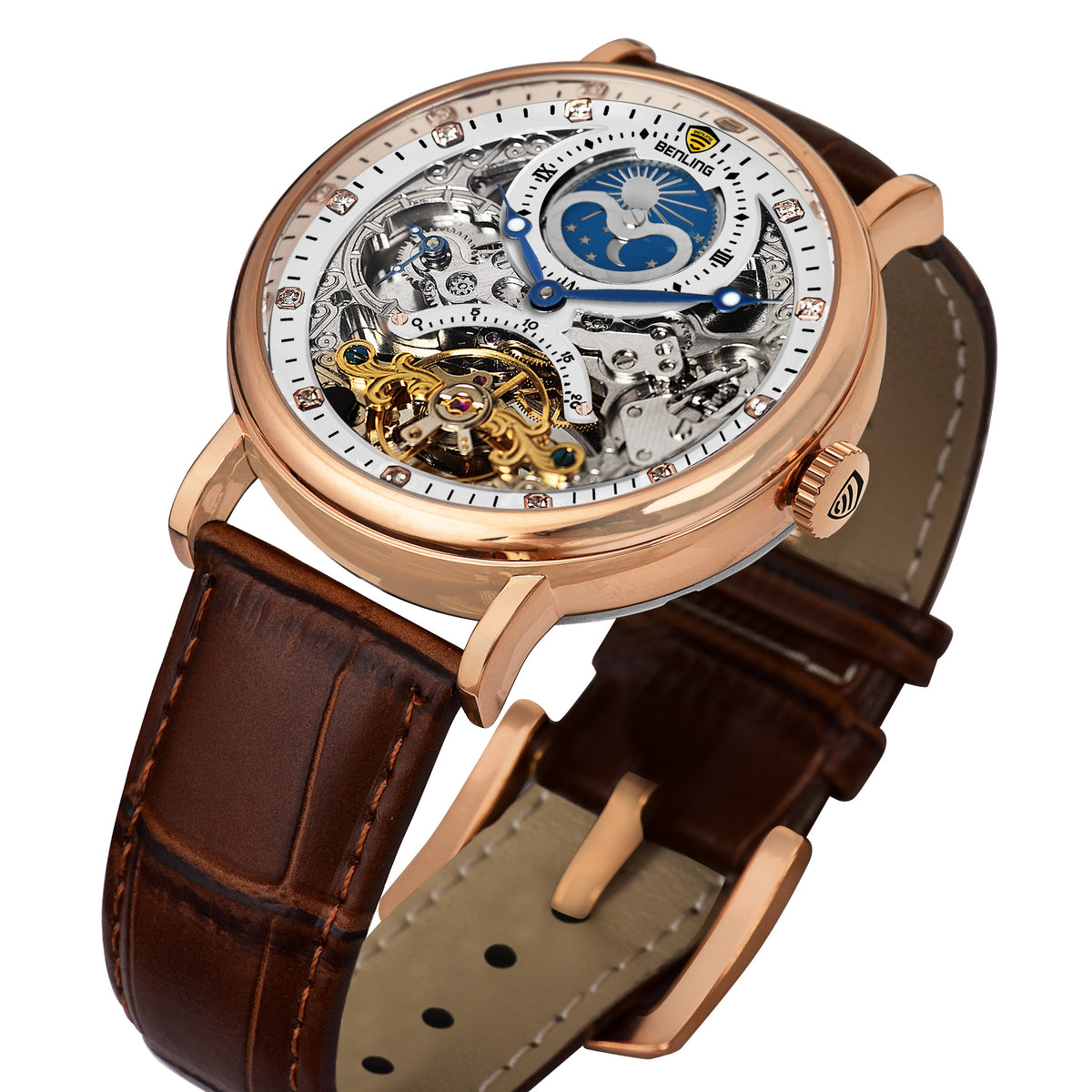 Benling Astroworld Tourbillon Automatic Watch for Men – Dual Time | Moonphase | Skeleton Dial | With Leather Strap & Stainless Steel Chain Benling