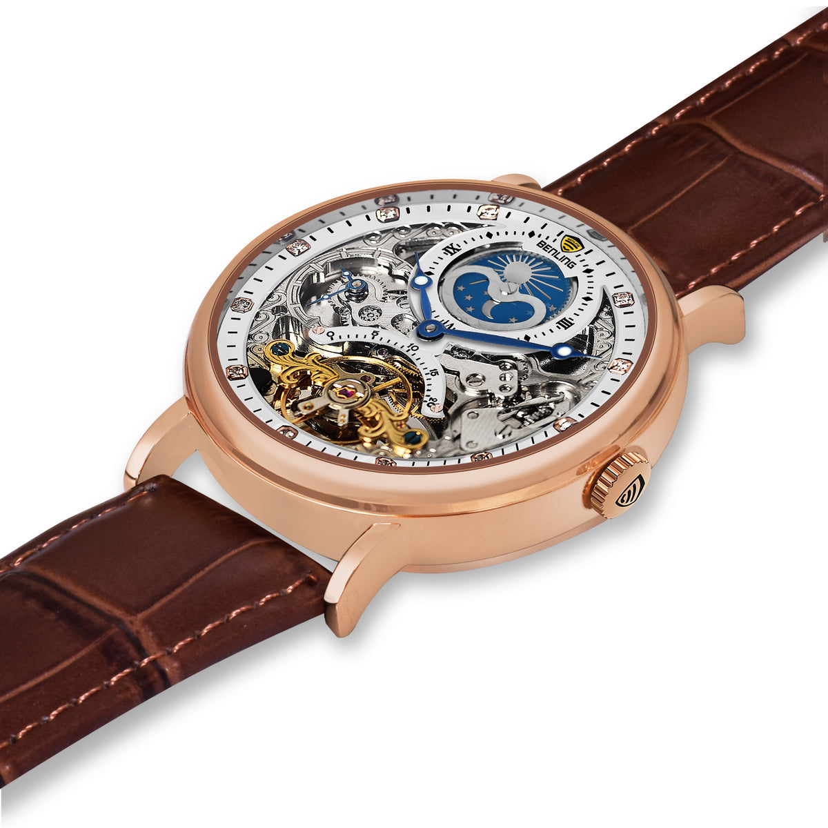 Benling Astroworld Tourbillon Automatic Watch for Men – Dual Time | Moonphase | Skeleton Dial | With Leather Strap & Stainless Steel Chain Benling