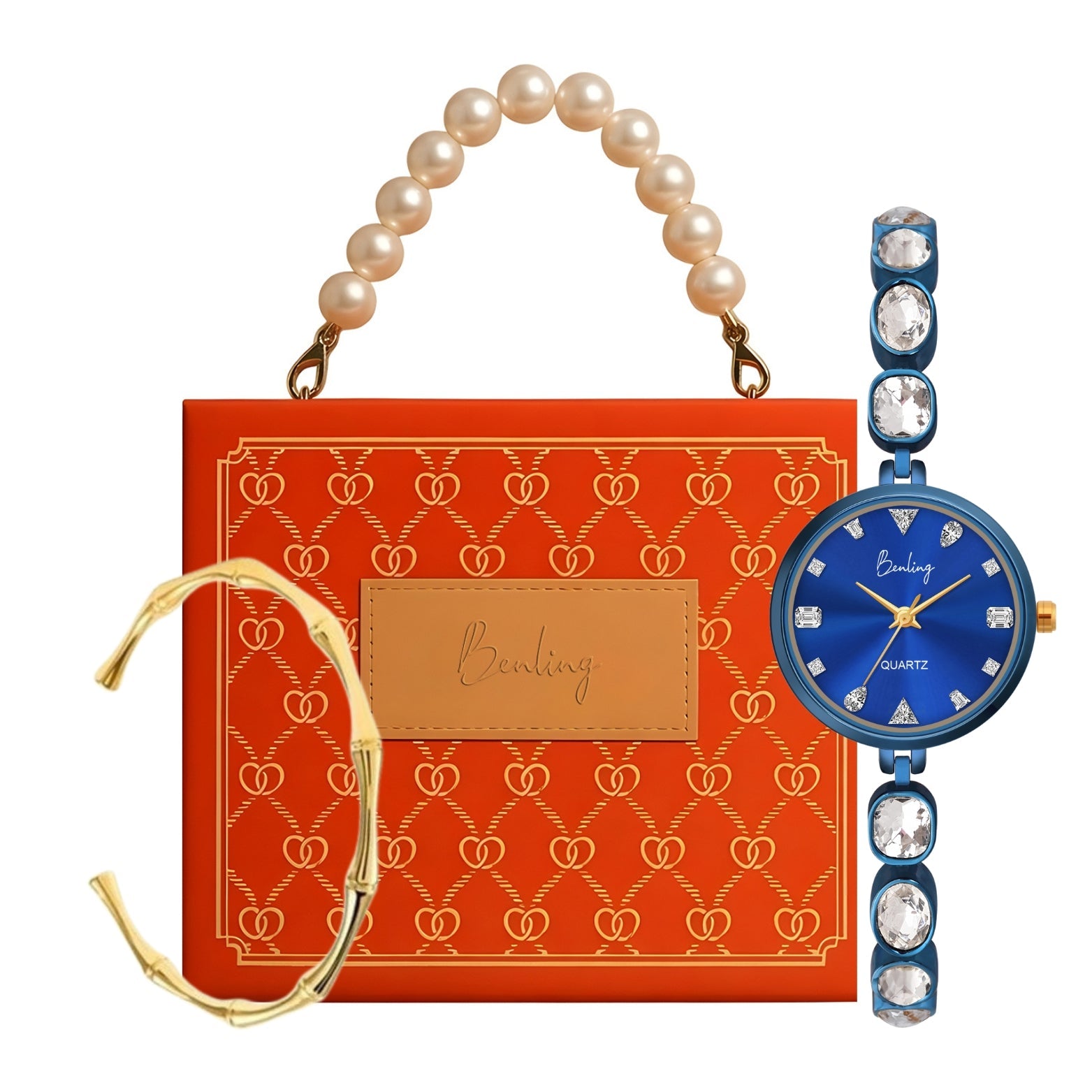 Benling Crystal-Studded Quartz Watch for Women – Luxury Design with Sparkling Stones - with Pearl Box and Bracelet