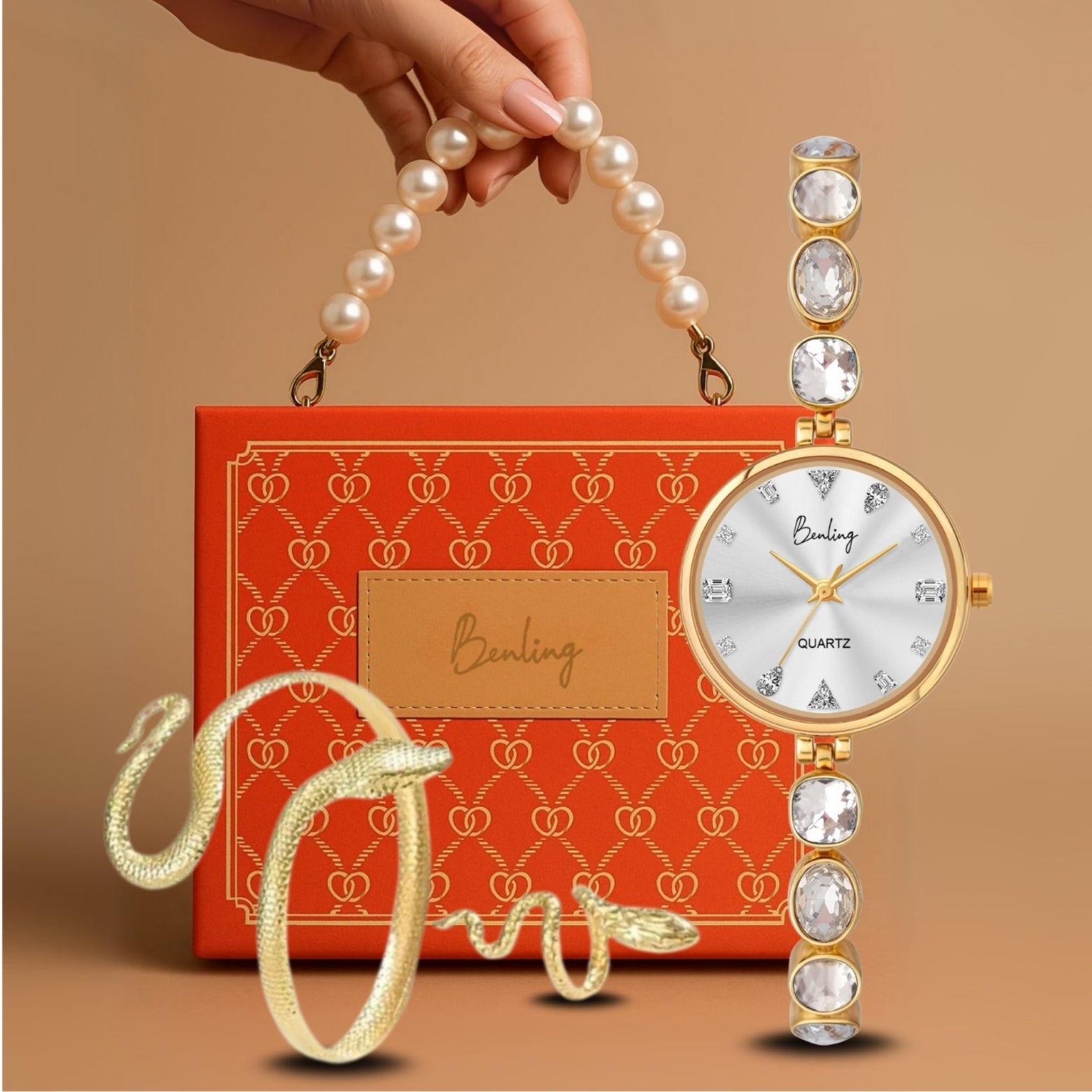 Benling Crystal-Studded Quartz Watch for Women – Luxury Design with Sparkling Stones - with Pearl Box and Bracelet