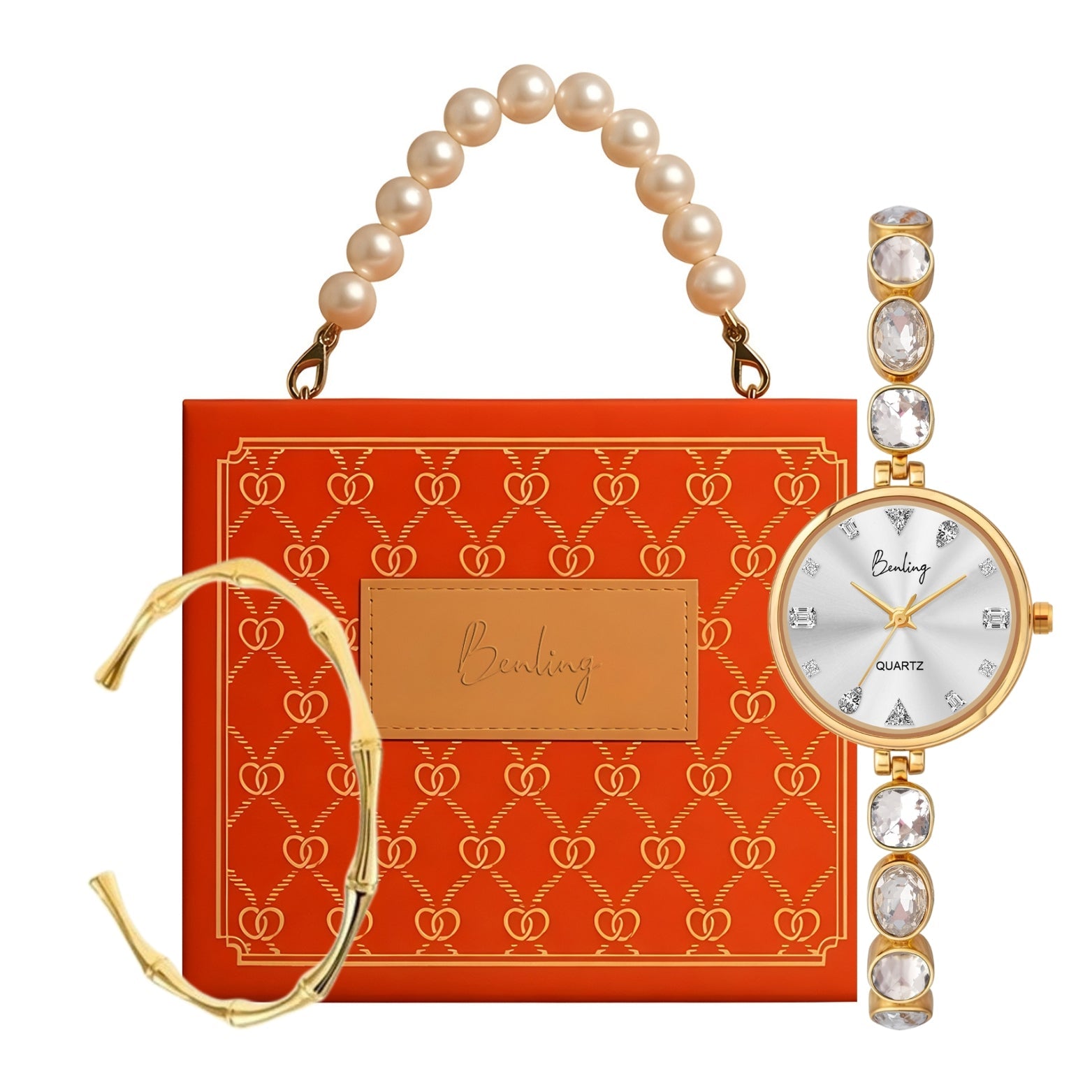 Benling Crystal-Studded Quartz Watch for Women – Luxury Design with Sparkling Stones - with Pearl Box and Bracelet