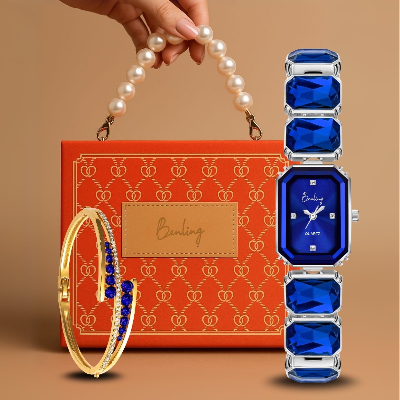Benling Gift Set – Octagon Cut Bracelet Watch with Orange Pearl Box & Bracelet