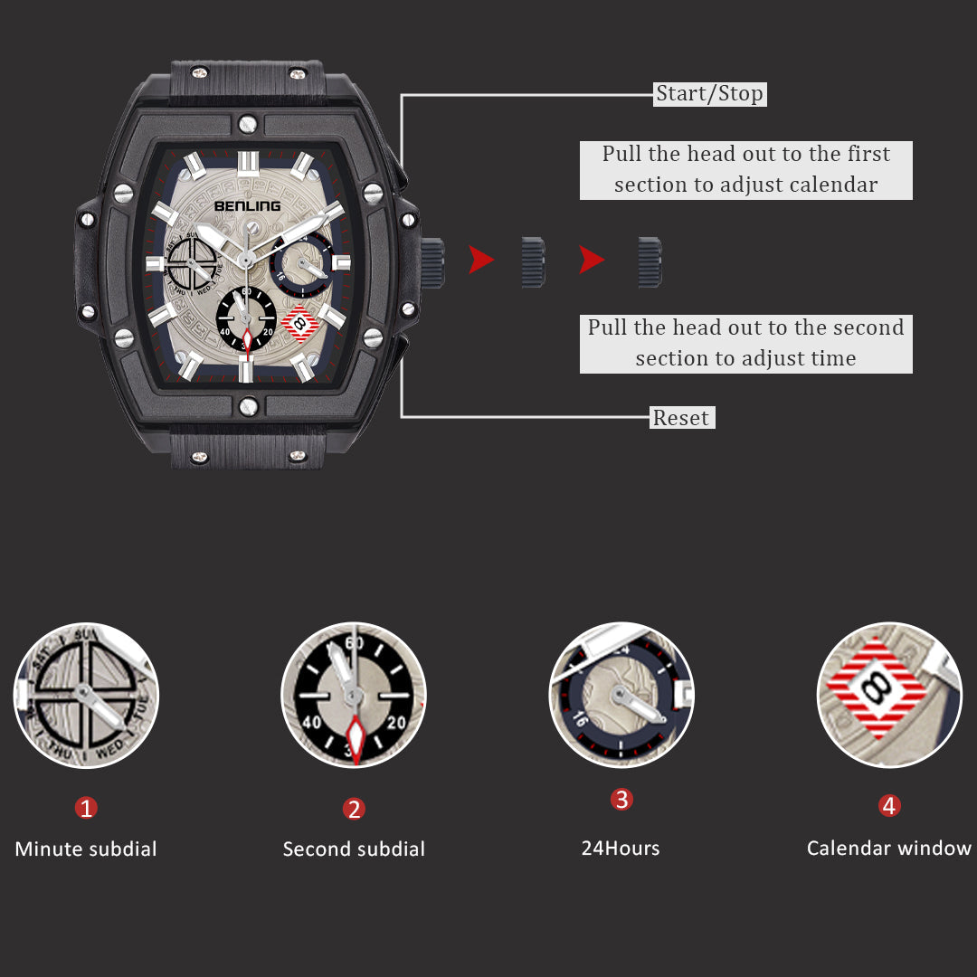 Big Bang Series : Square Chrono Steel Watch with Japanese Quartz Movement & Date Display