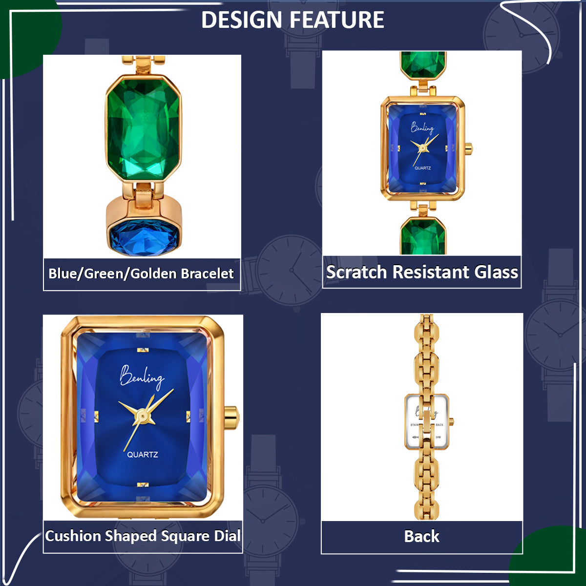 Benling Square Gemstone Dial Watch - Gift Set with Pearl Box and Bracelet