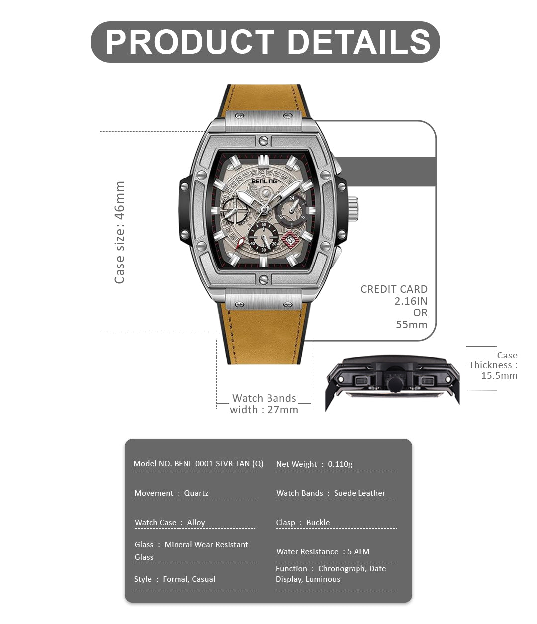 Big Bang Series : Square Chrono Steel Watch with Japanese Quartz Movement & Date Display