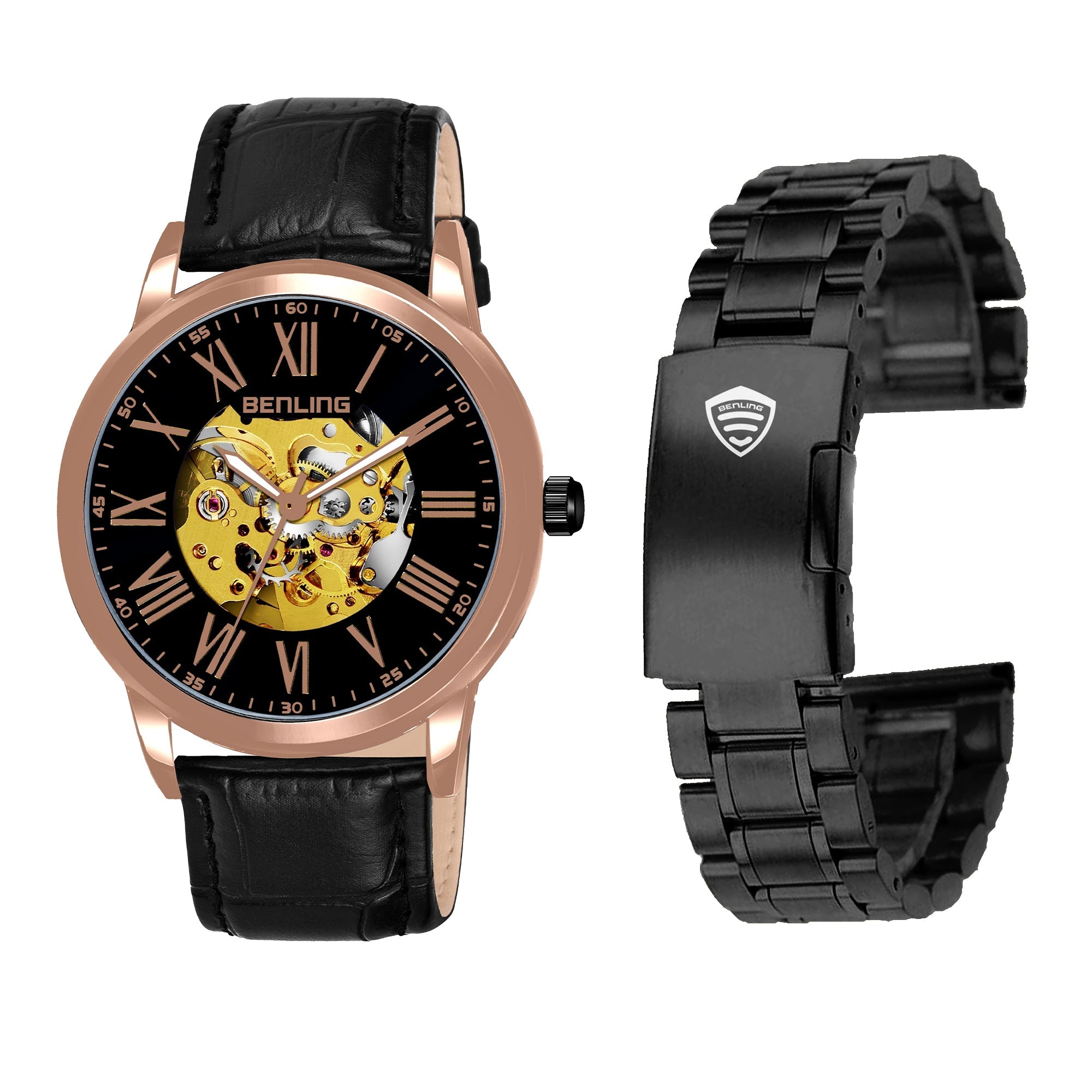 Benling Automatic Skeleton Mechanical Watch for Men | Self-Winding Movement | Leather & Stainless Steel Strap | Open Gear Dial | Luxury Casual & Formal Wear