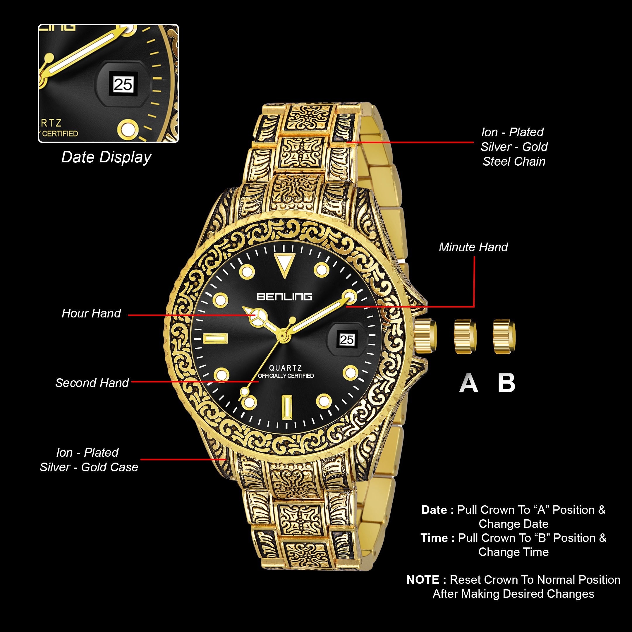 Benling BL-1019 Date Display Movement Antique Style Watch For Men | Boys - Benling