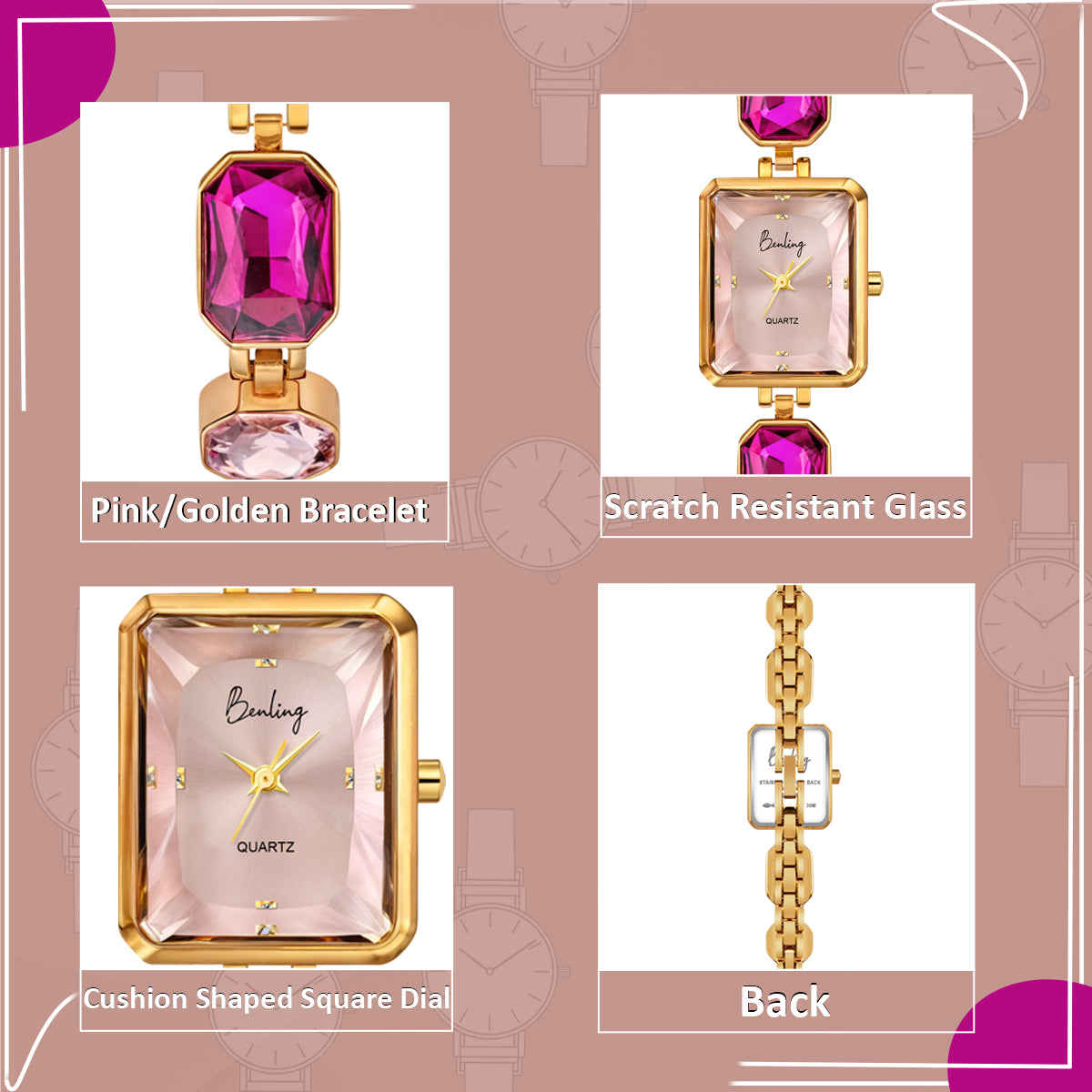 Benling Square Gemstone Dial Watch - Luxurious Wrist Watch for Women