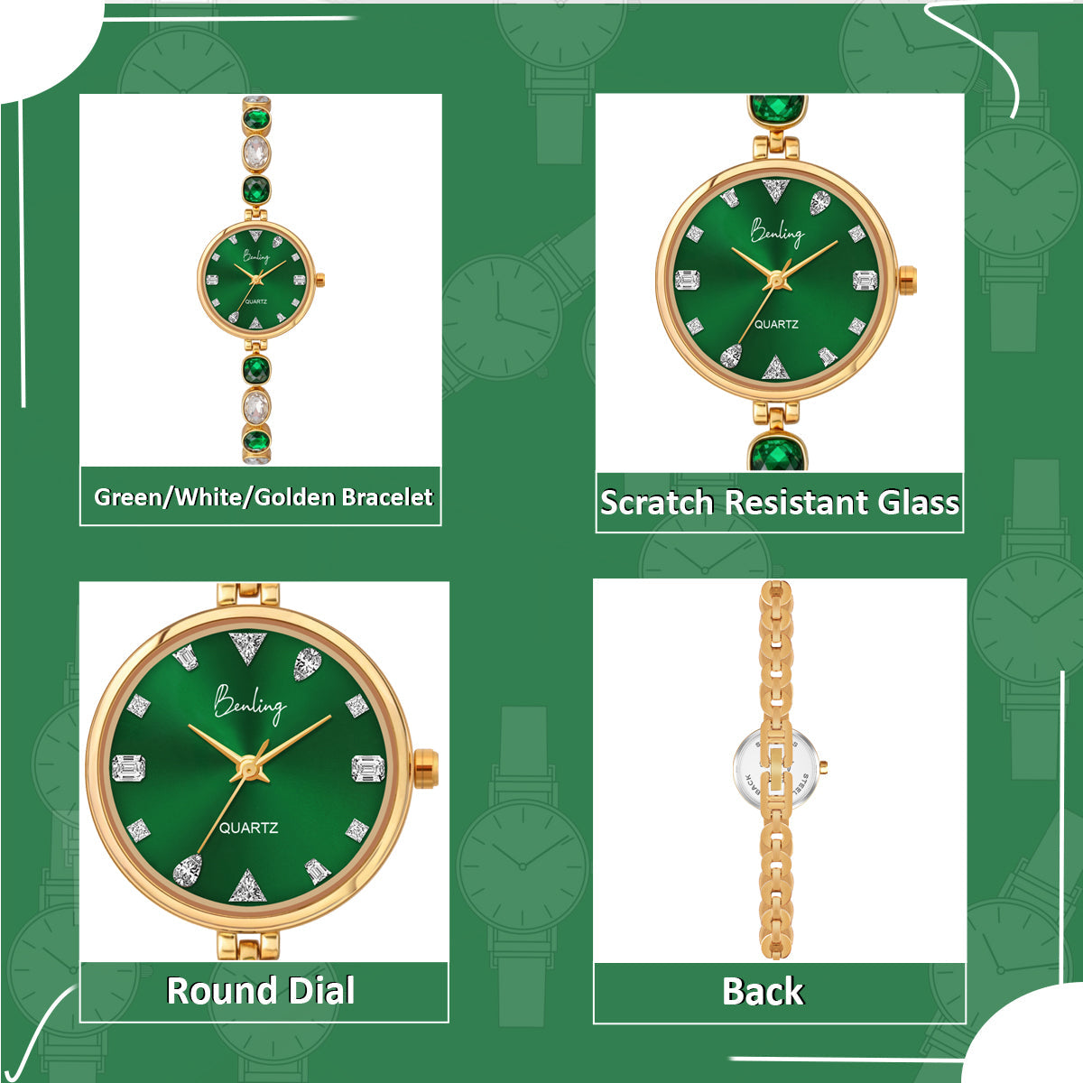 Benling Crystal-Studded Quartz Watch for Women – Luxury Design with Sparkling Stones - with Pearl Box and Bracelet